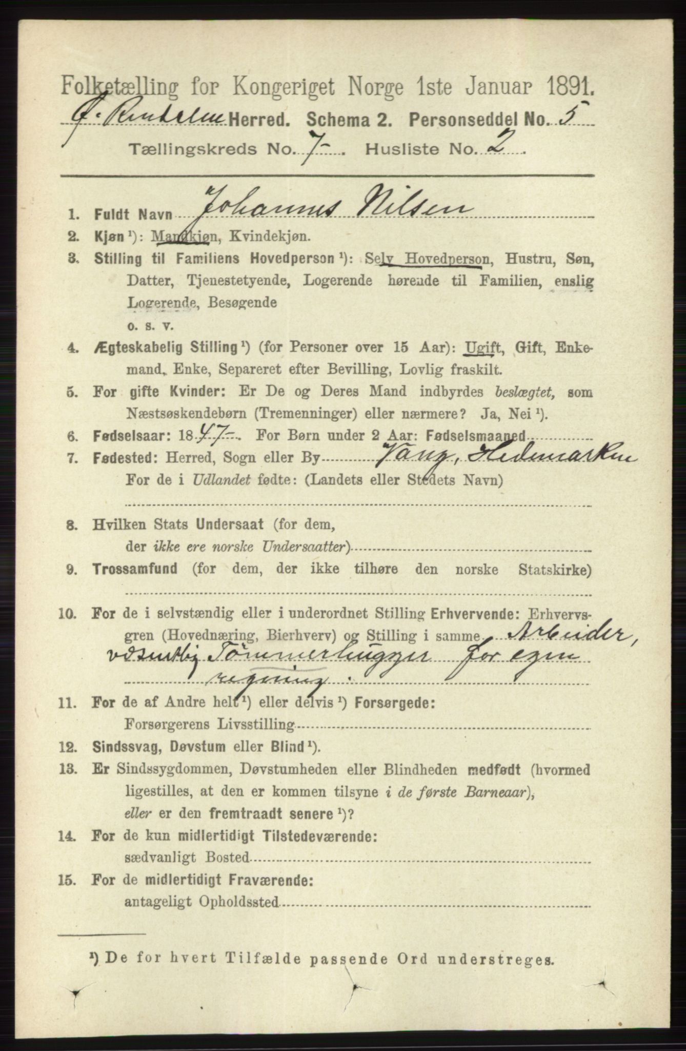 RA, 1891 census for 0433 Øvre Rendal, 1891, p. 1748