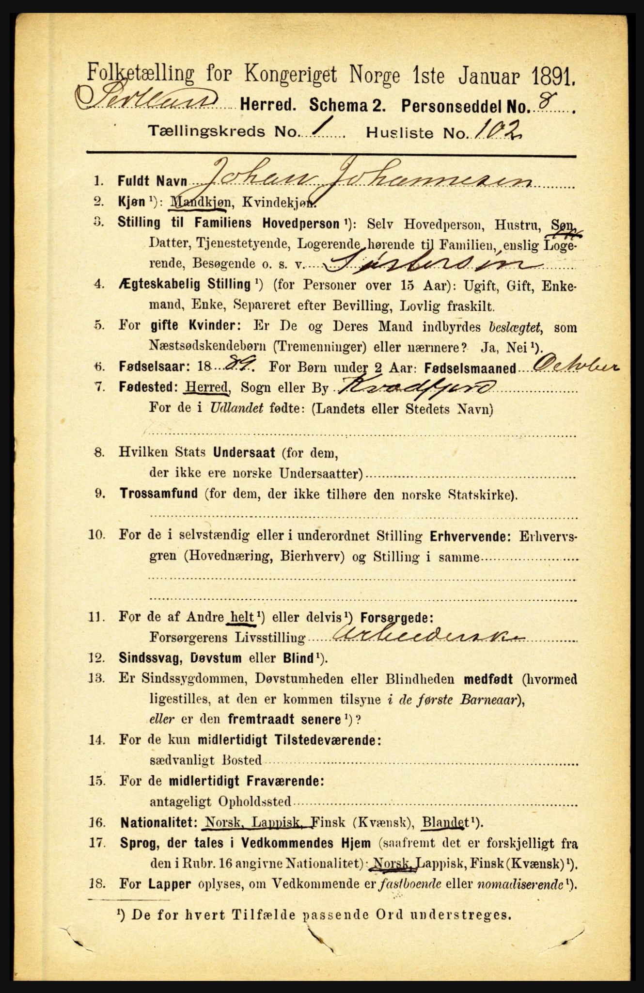 RA, 1891 census for 1870 Sortland, 1891, p. 832