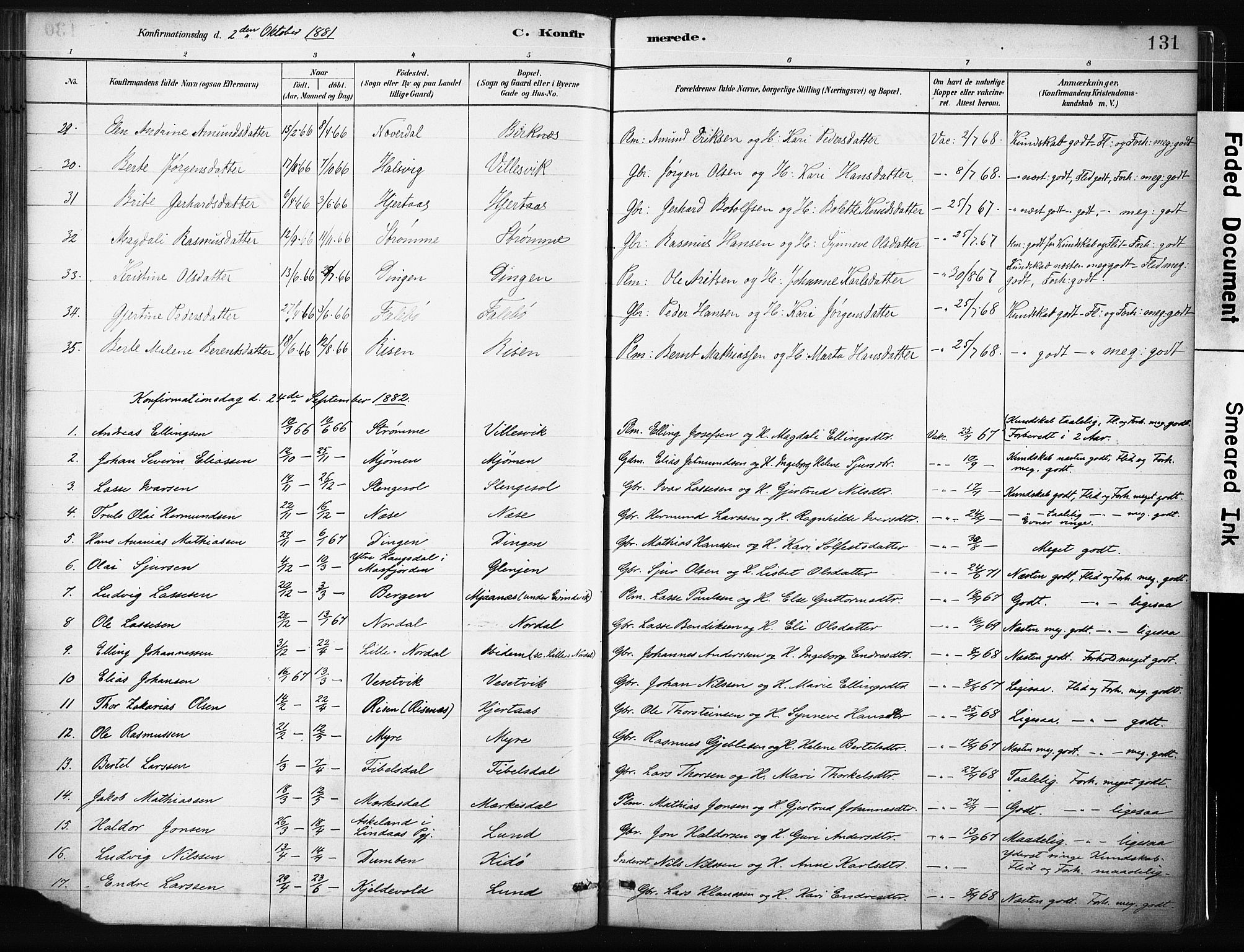 Gulen sokneprestembete, SAB/A-80201/H/Haa/Haab/L0001: Parish register (official) no. B 1, 1881-1905, p. 131