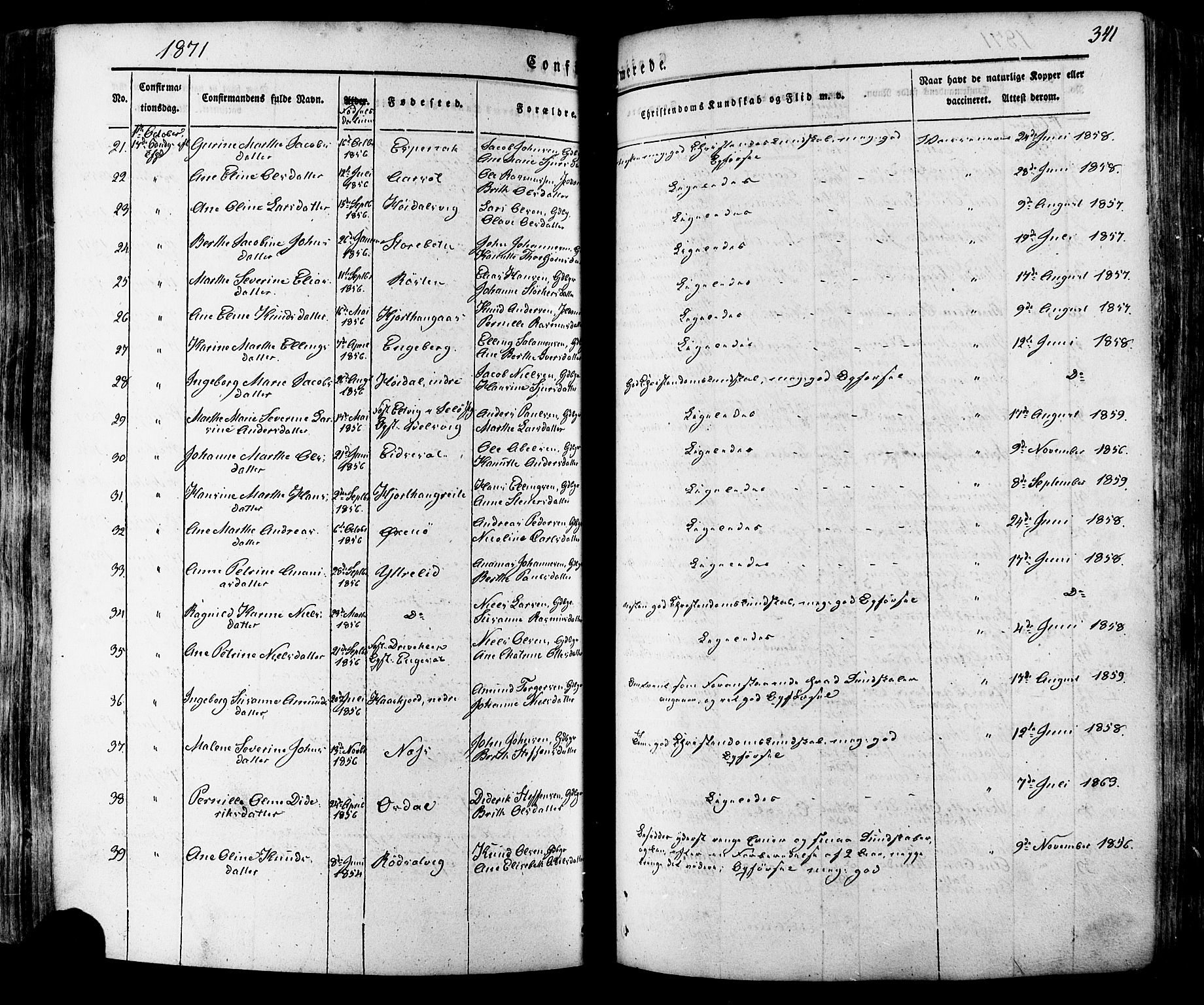 Ministerialprotokoller, klokkerbøker og fødselsregistre - Møre og Romsdal, AV/SAT-A-1454/511/L0140: Parish register (official) no. 511A07, 1851-1878, p. 341