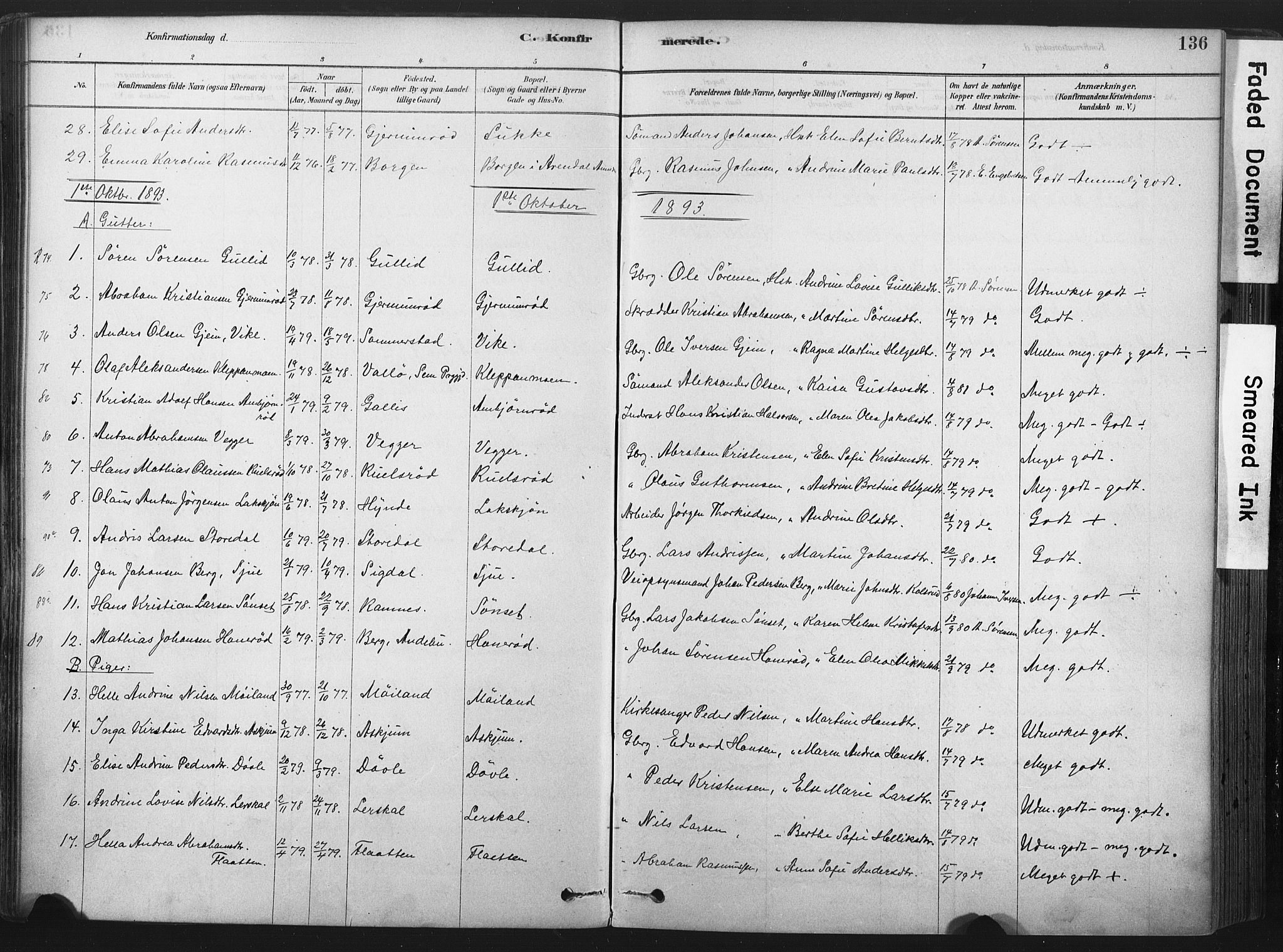 Andebu kirkebøker, AV/SAKO-A-336/F/Fa/L0007: Parish register (official) no. 7, 1878-1899, p. 136