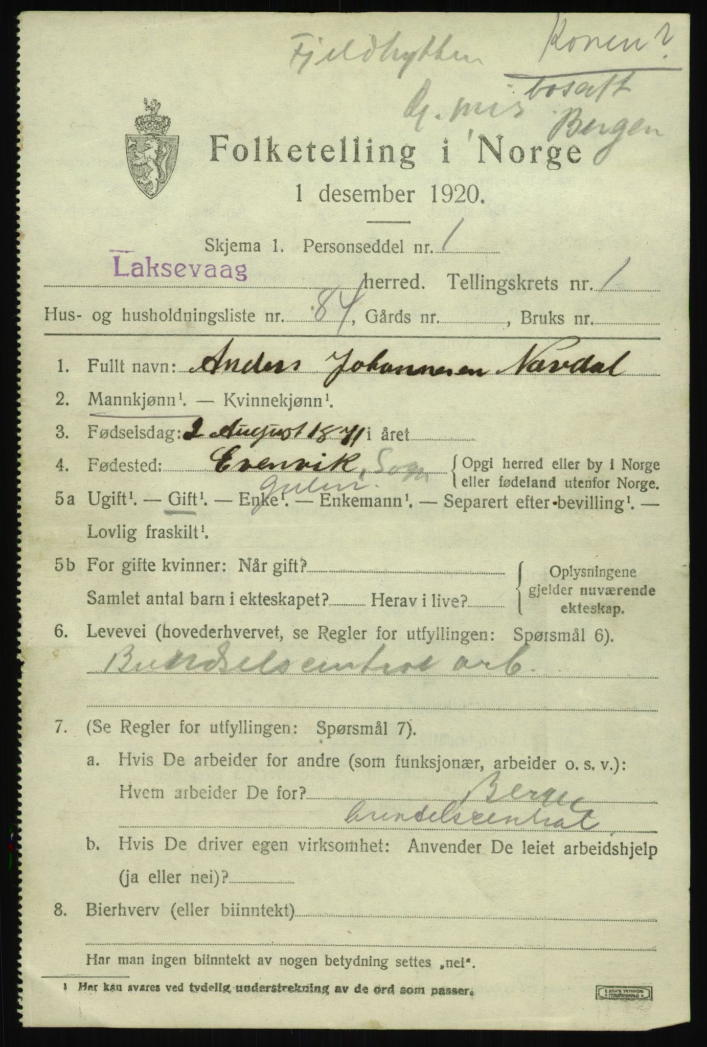 SAB, 1920 census for Laksevåg, 1920, p. 5728