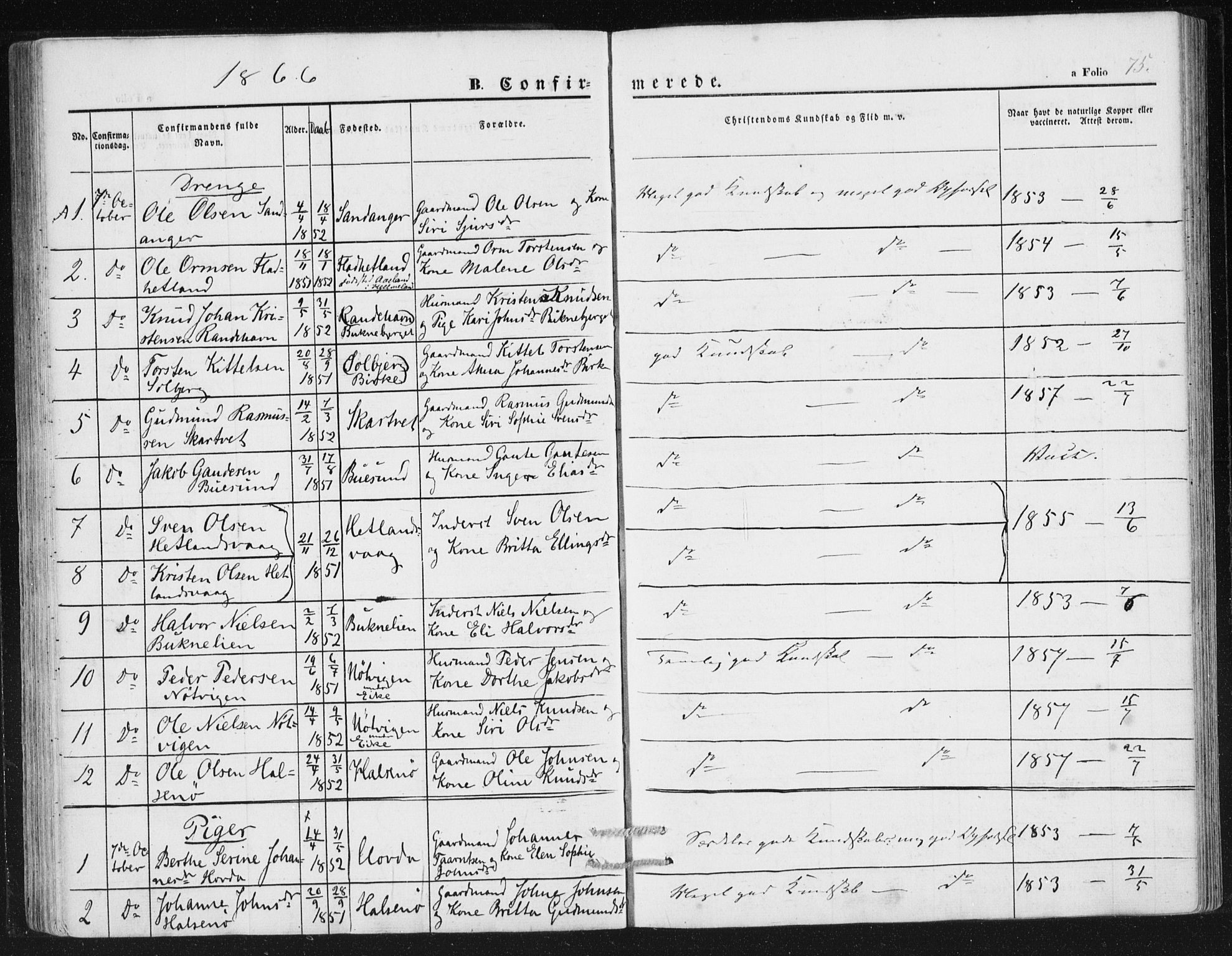 Hjelmeland sokneprestkontor, SAST/A-101843/01/IV/L0010: Parish register (official) no. A 10, 1851-1871, p. 75