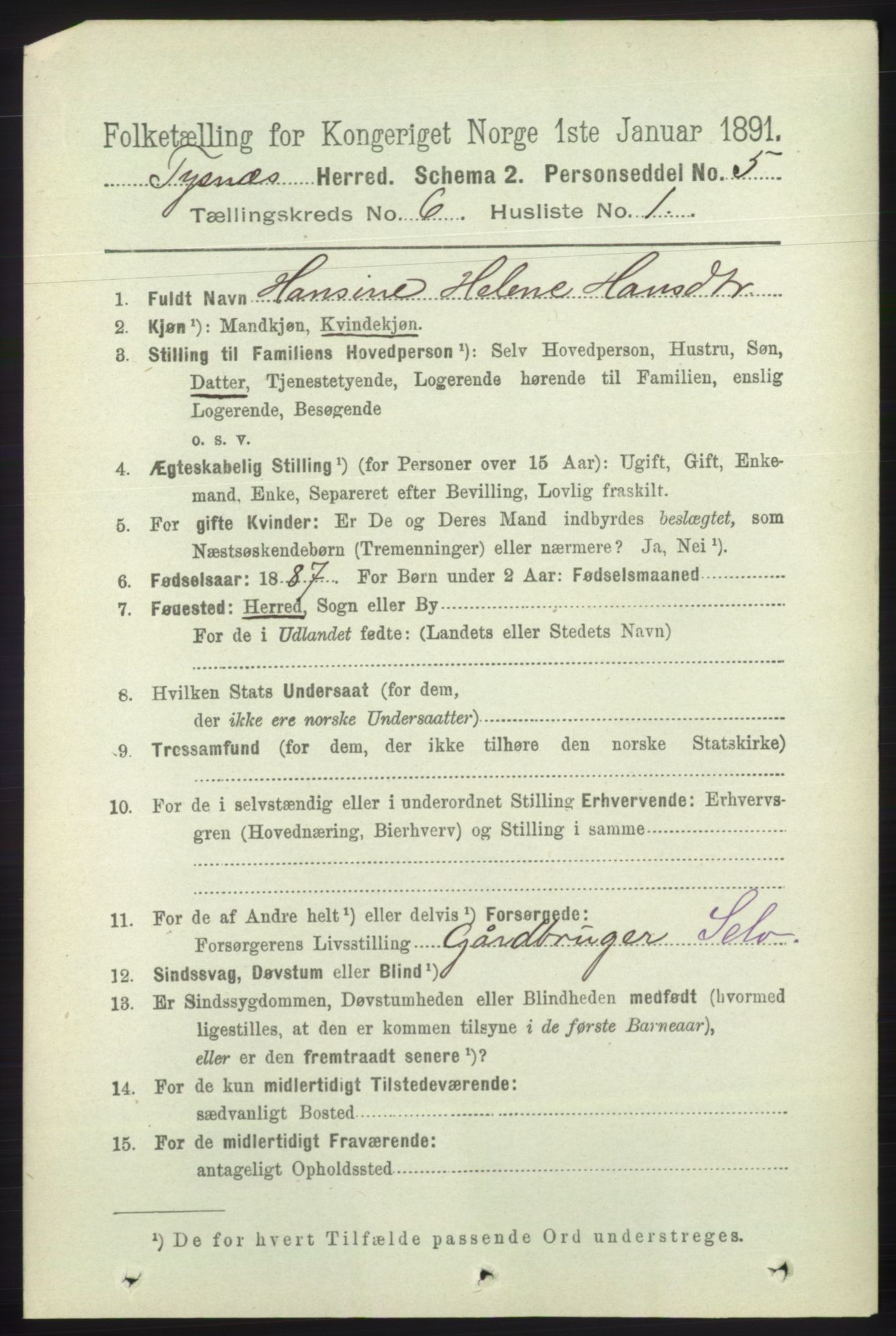 RA, 1891 census for 1223 Tysnes, 1891, p. 2374