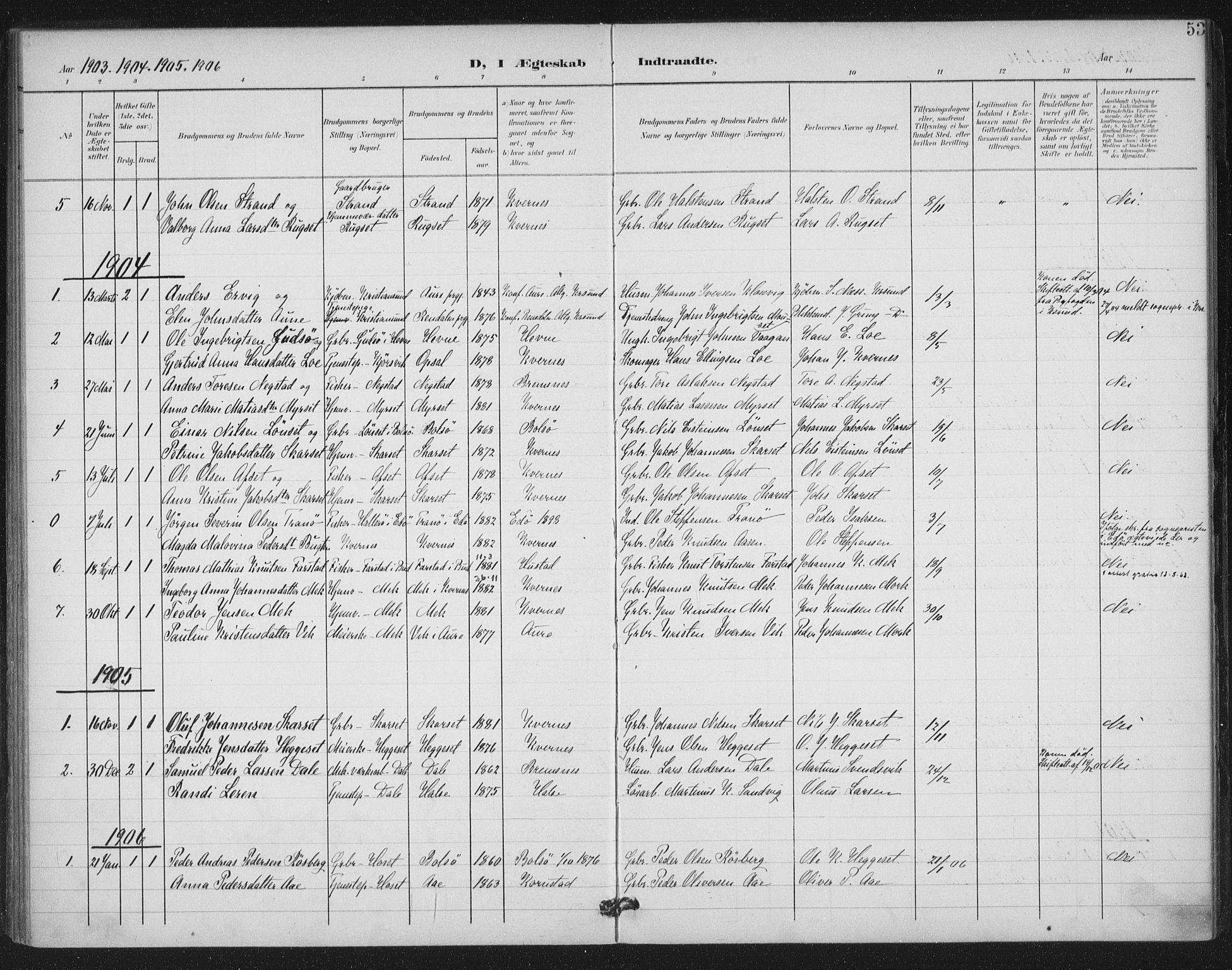 Ministerialprotokoller, klokkerbøker og fødselsregistre - Møre og Romsdal, SAT/A-1454/568/L0810: Parish register (official) no. 568A14, 1901-1915, p. 53