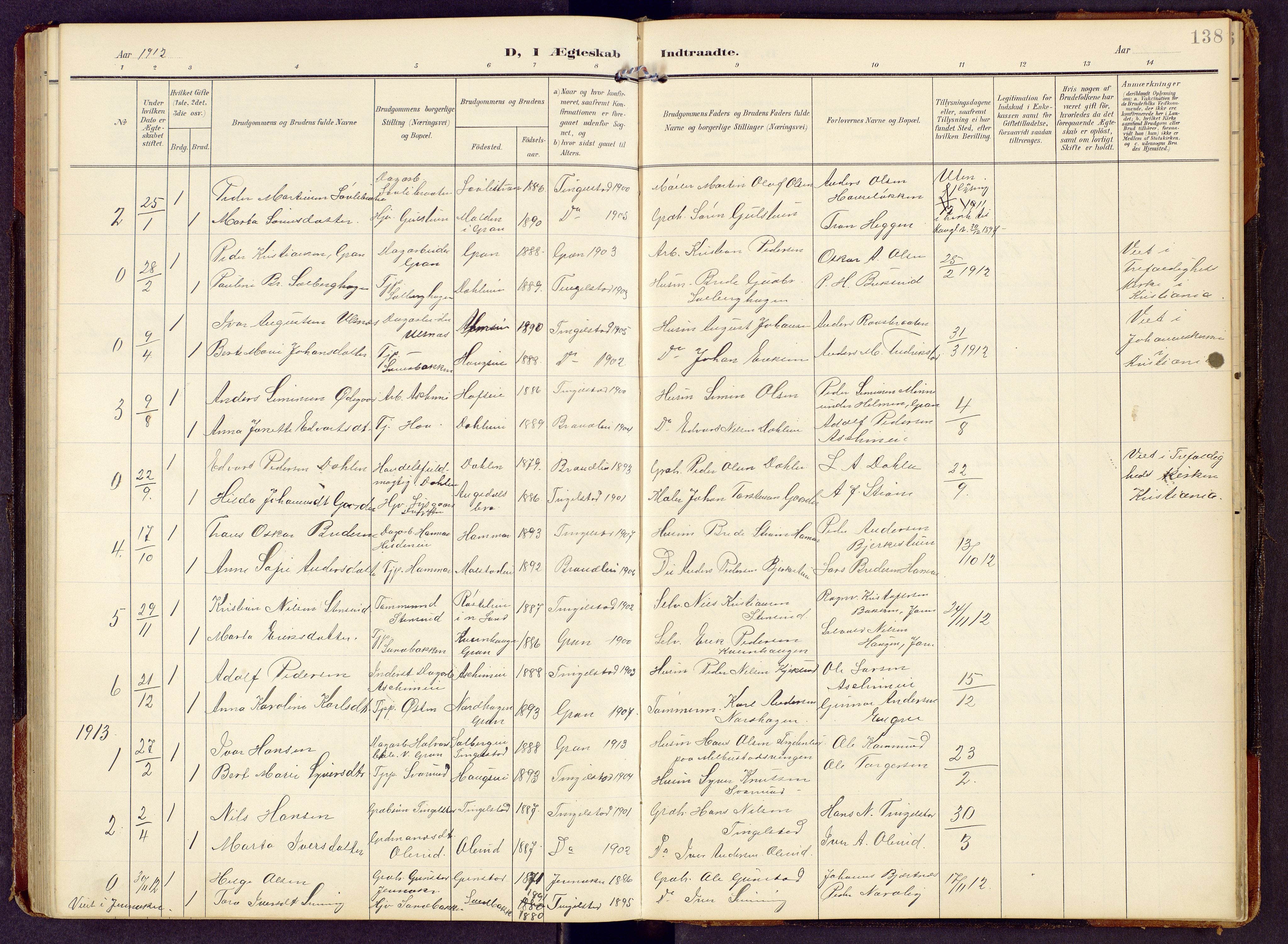 Brandbu prestekontor, SAH/PREST-114/H/Ha/Hab/L0009: Parish register (copy) no. 9, 1903-1916, p. 138