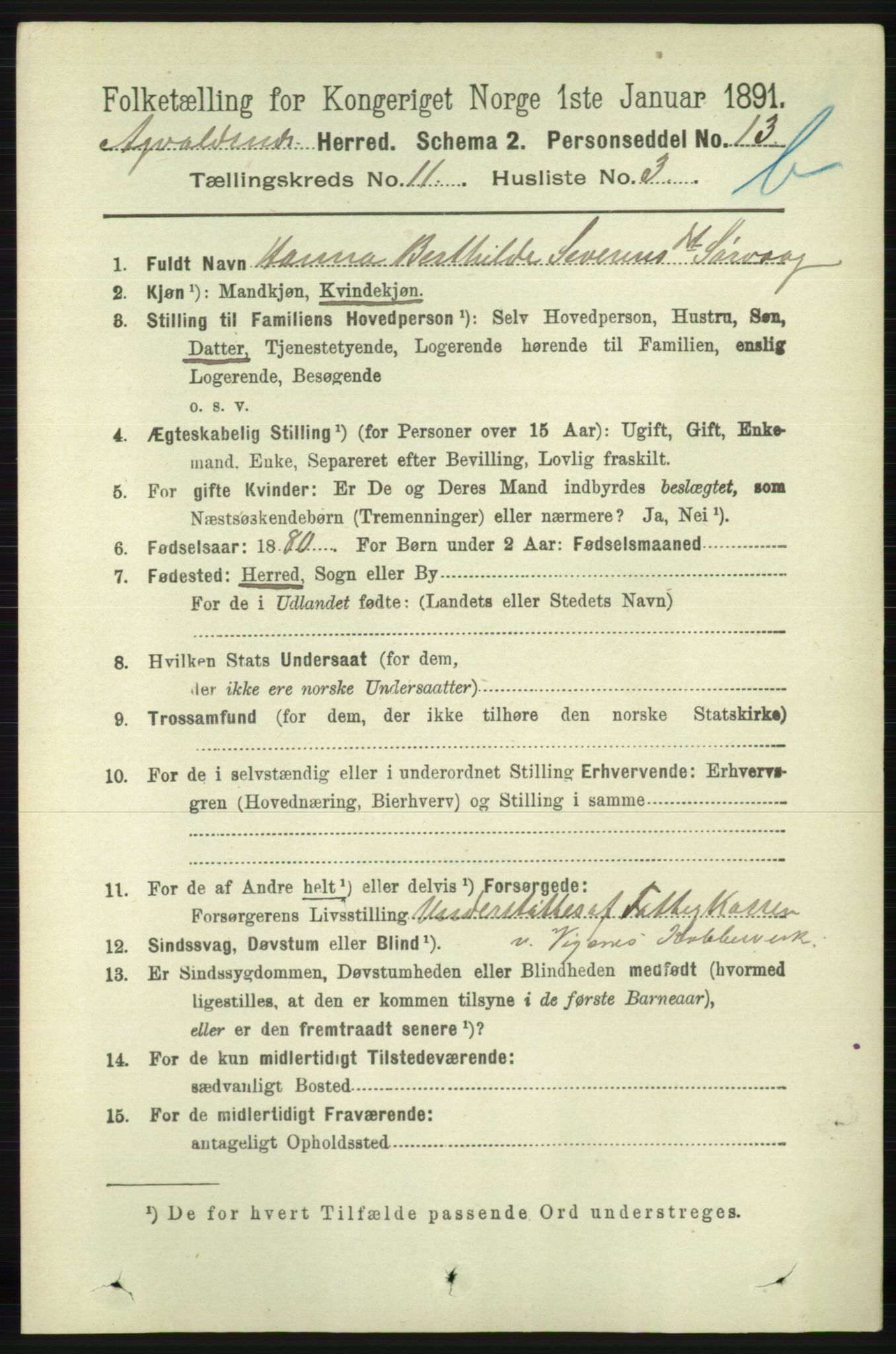 RA, 1891 census for 1147 Avaldsnes, 1891, p. 6256