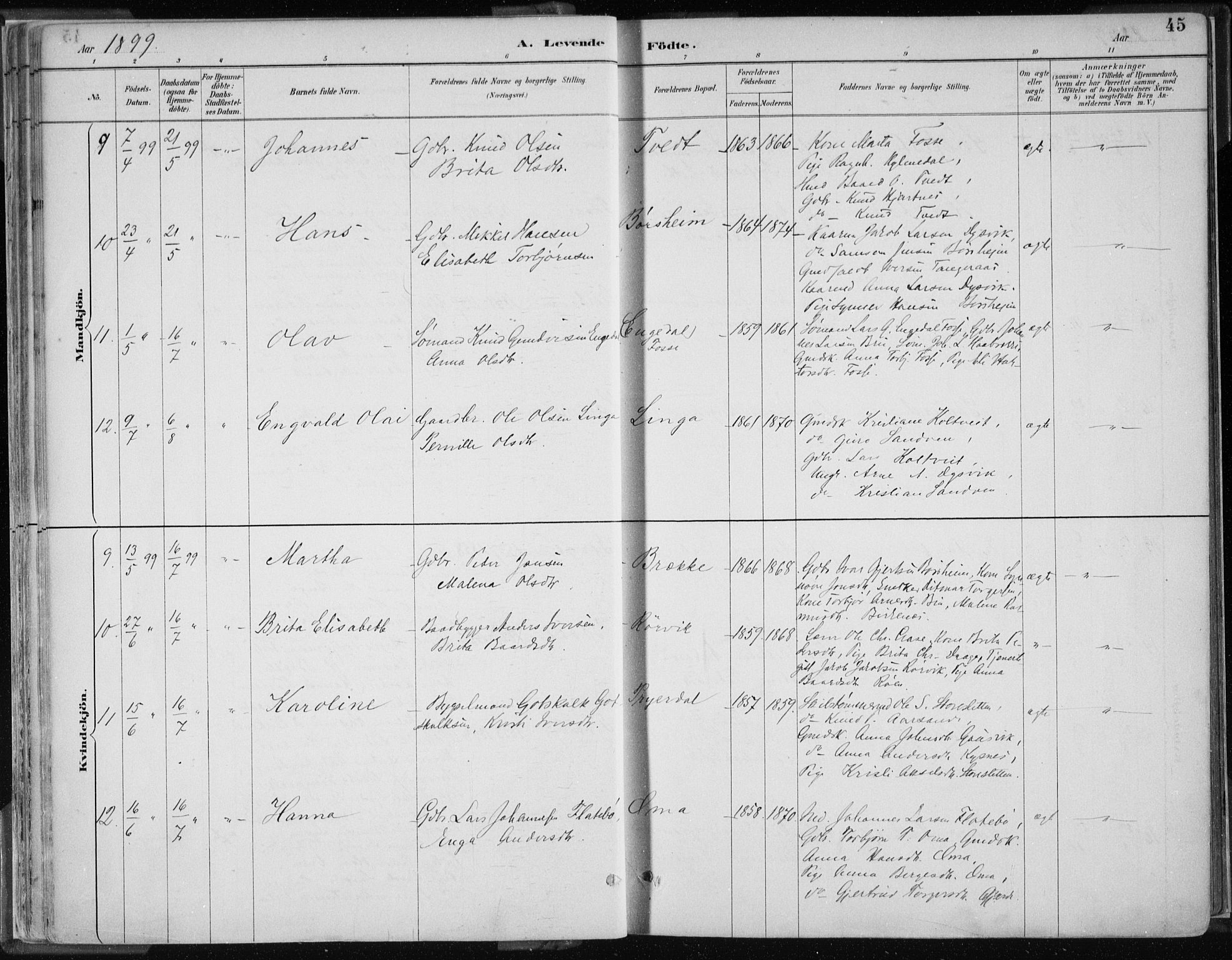 Strandebarm sokneprestembete, AV/SAB-A-78401/H/Haa: Parish register (official) no. B  1, 1886-1908, p. 45