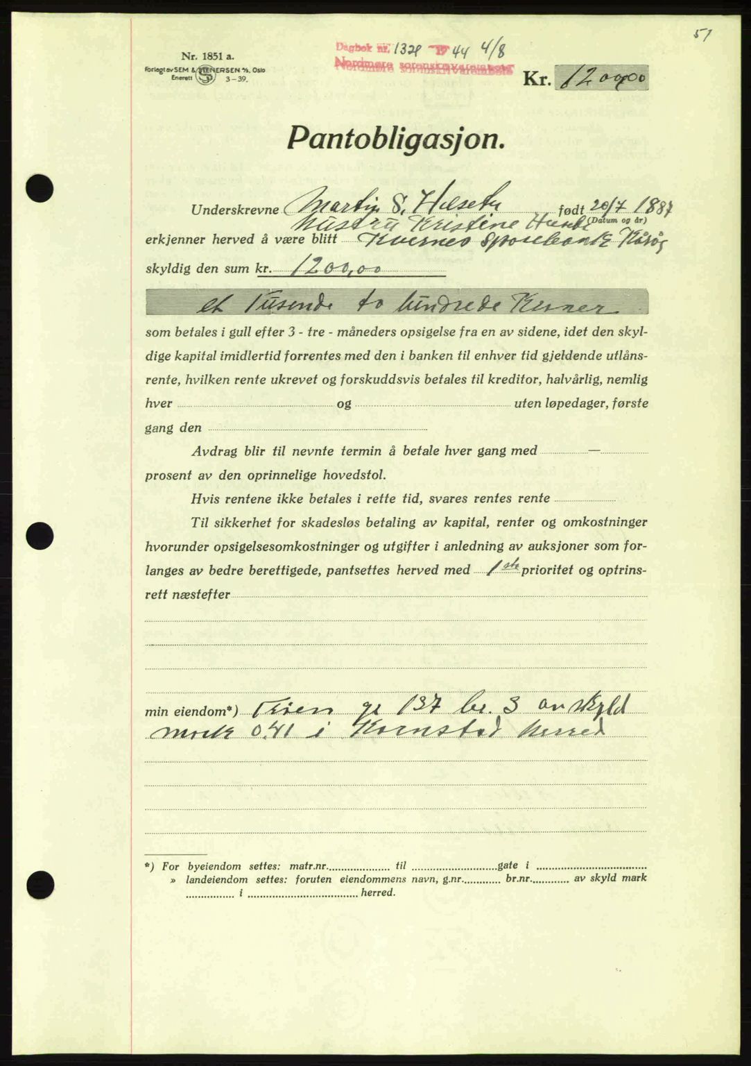 Nordmøre sorenskriveri, AV/SAT-A-4132/1/2/2Ca: Mortgage book no. B92, 1944-1945, Diary no: : 1321/1944