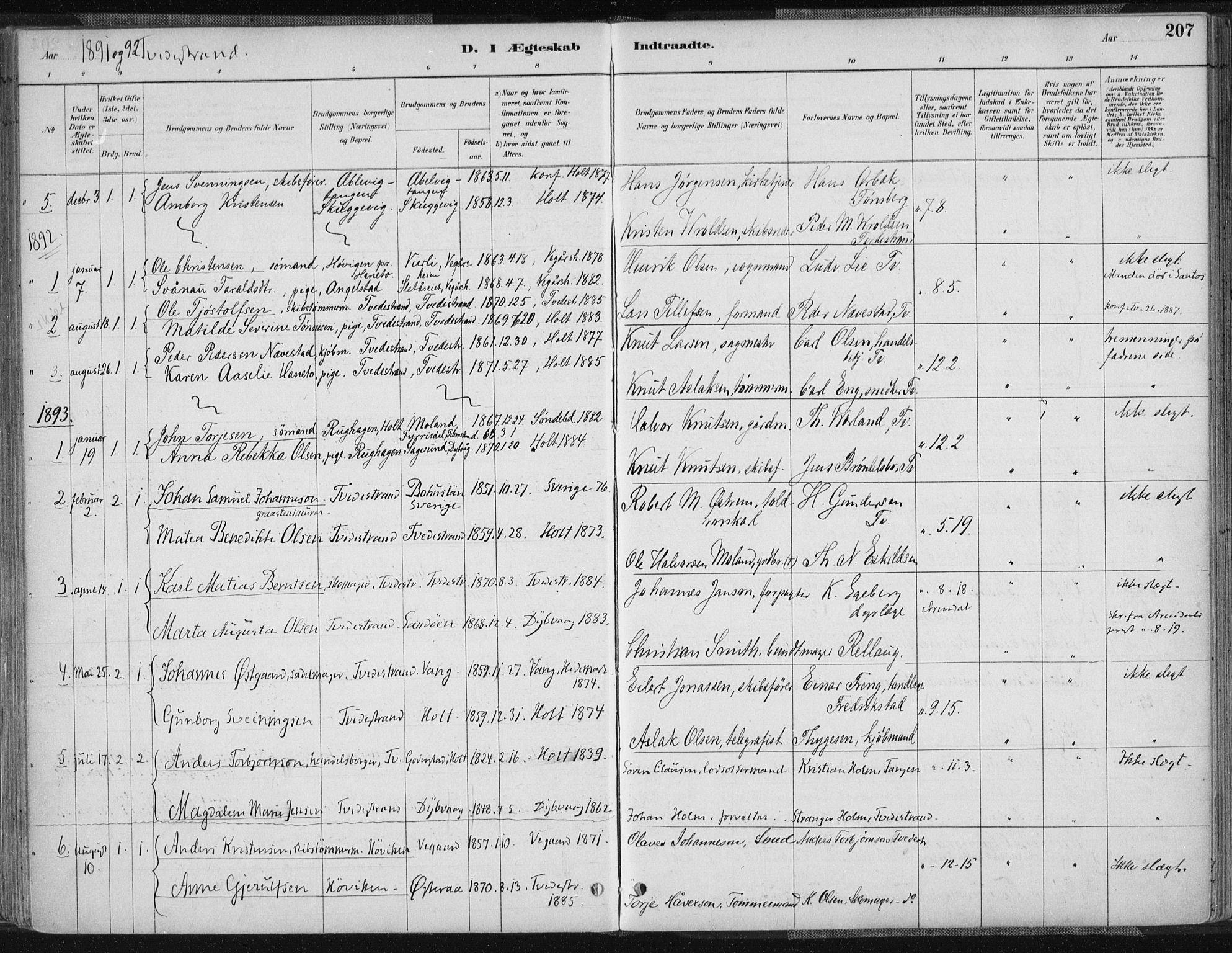 Tvedestrand sokneprestkontor, SAK/1111-0042/F/Fa/L0001: Parish register (official) no. A 1, 1885-1916, p. 205v-207h
