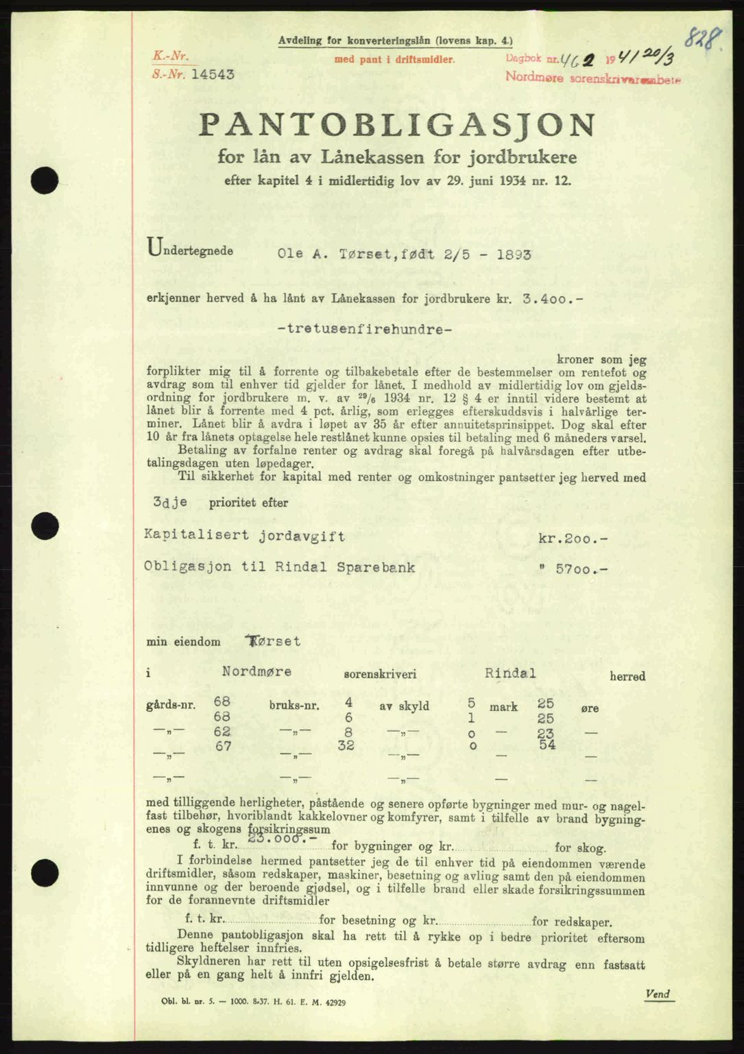 Nordmøre sorenskriveri, AV/SAT-A-4132/1/2/2Ca: Mortgage book no. B87, 1940-1941, Diary no: : 462/1941