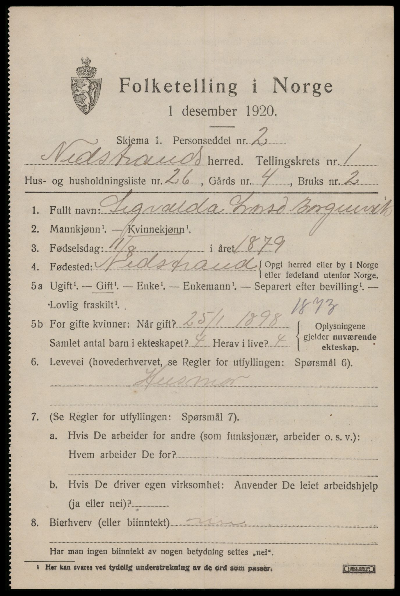 SAST, 1920 census for Nedstrand, 1920, p. 875