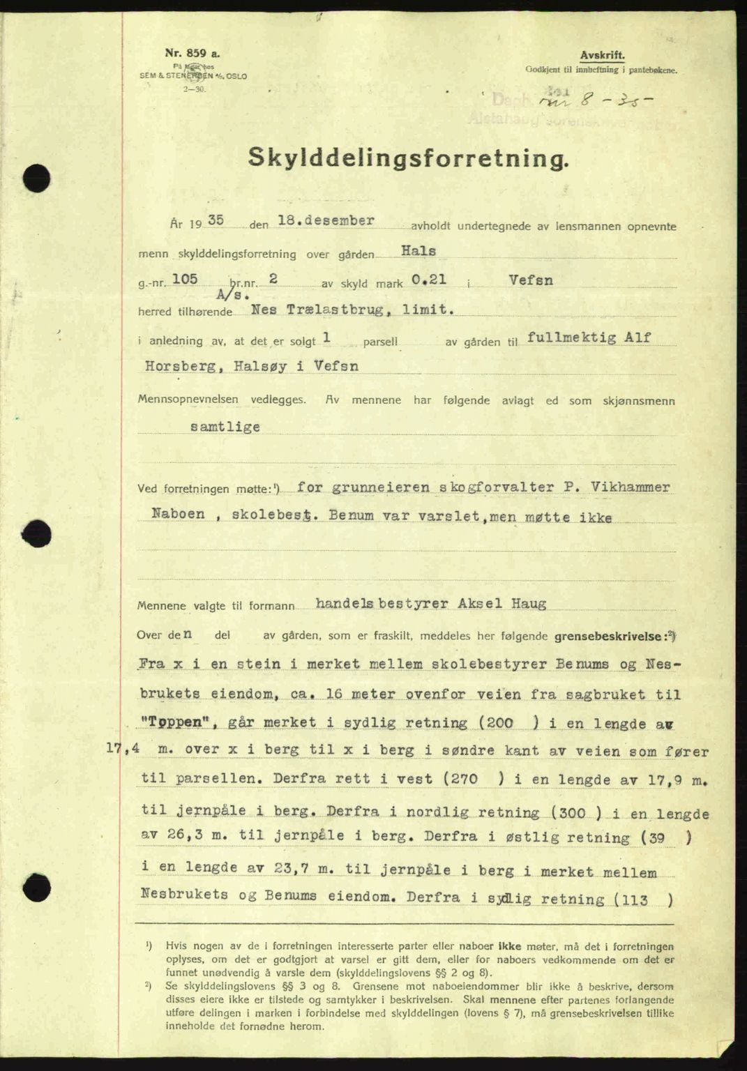 Alstahaug sorenskriveri, SAT/A-1009: Mortgage book no. A1, 1935-1937, Diary no: : 8/1935