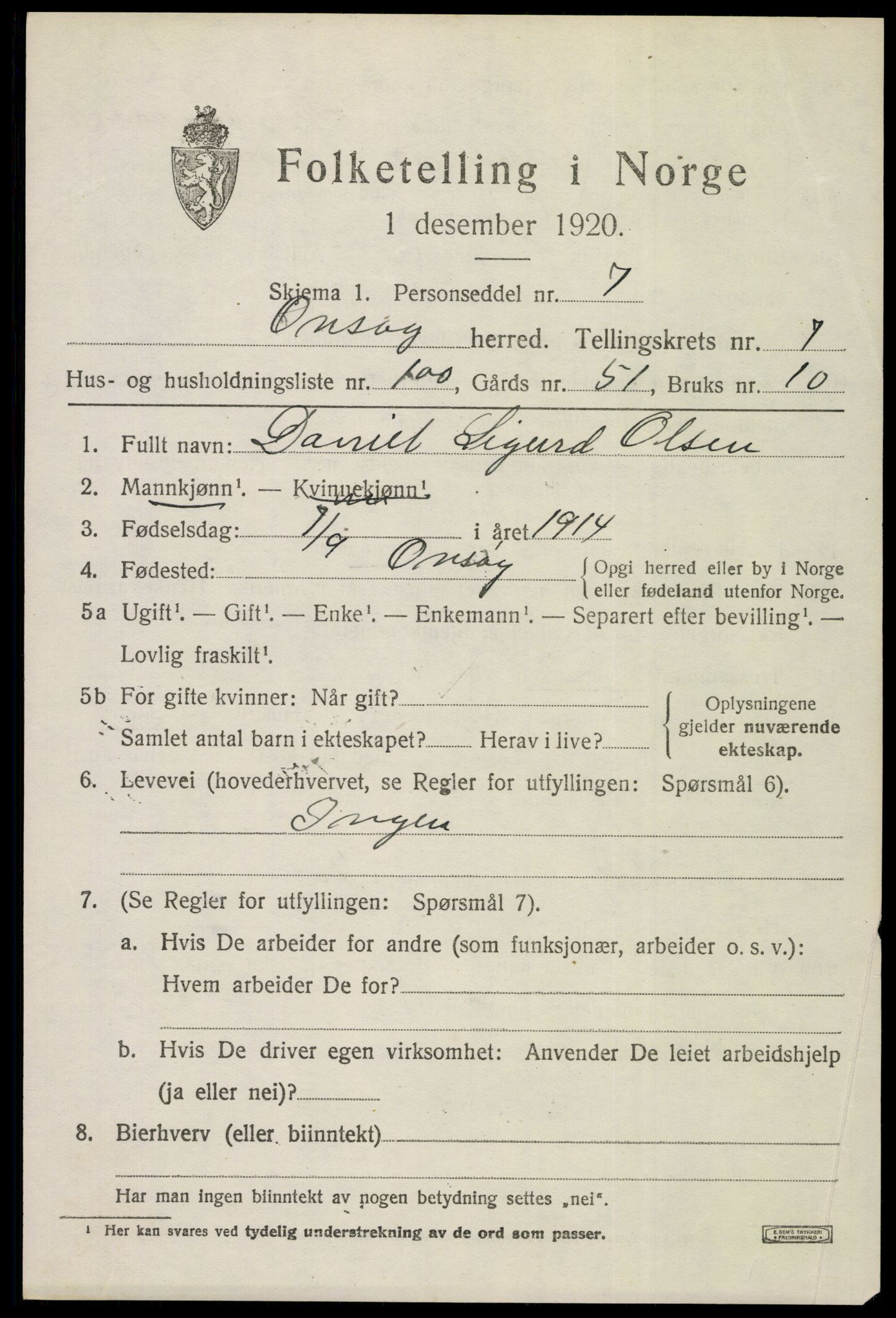 SAO, 1920 census for Onsøy, 1920, p. 11838