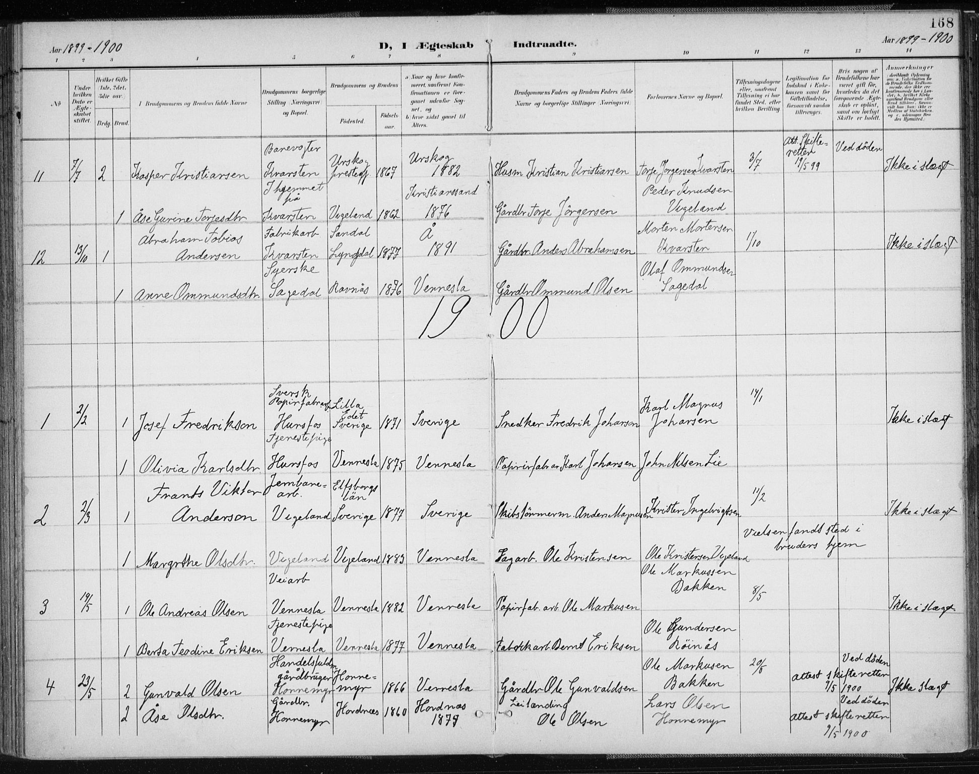 Vennesla sokneprestkontor, AV/SAK-1111-0045/Fa/Fab/L0005: Parish register (official) no. A 5, 1897-1909, p. 168