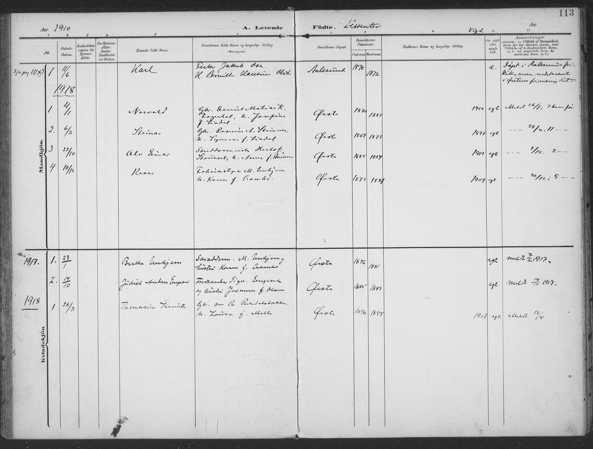 Ministerialprotokoller, klokkerbøker og fødselsregistre - Møre og Romsdal, SAT/A-1454/513/L0178: Parish register (official) no. 513A05, 1906-1919, p. 113