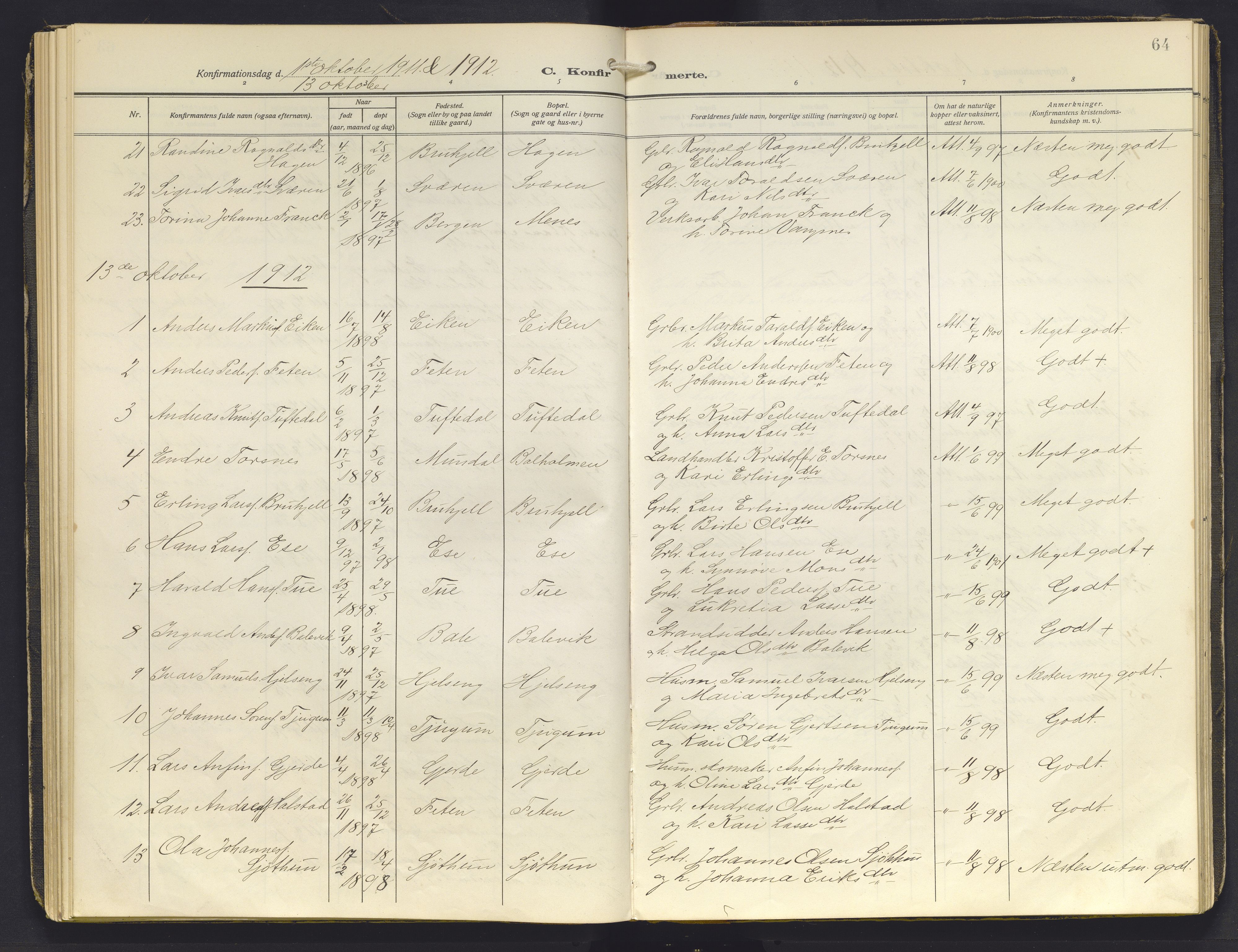 Balestrand sokneprestembete, AV/SAB-A-79601/H/Haa/Haab/L0002: Parish register (official) no. B 2, 1911-1932, p. 64