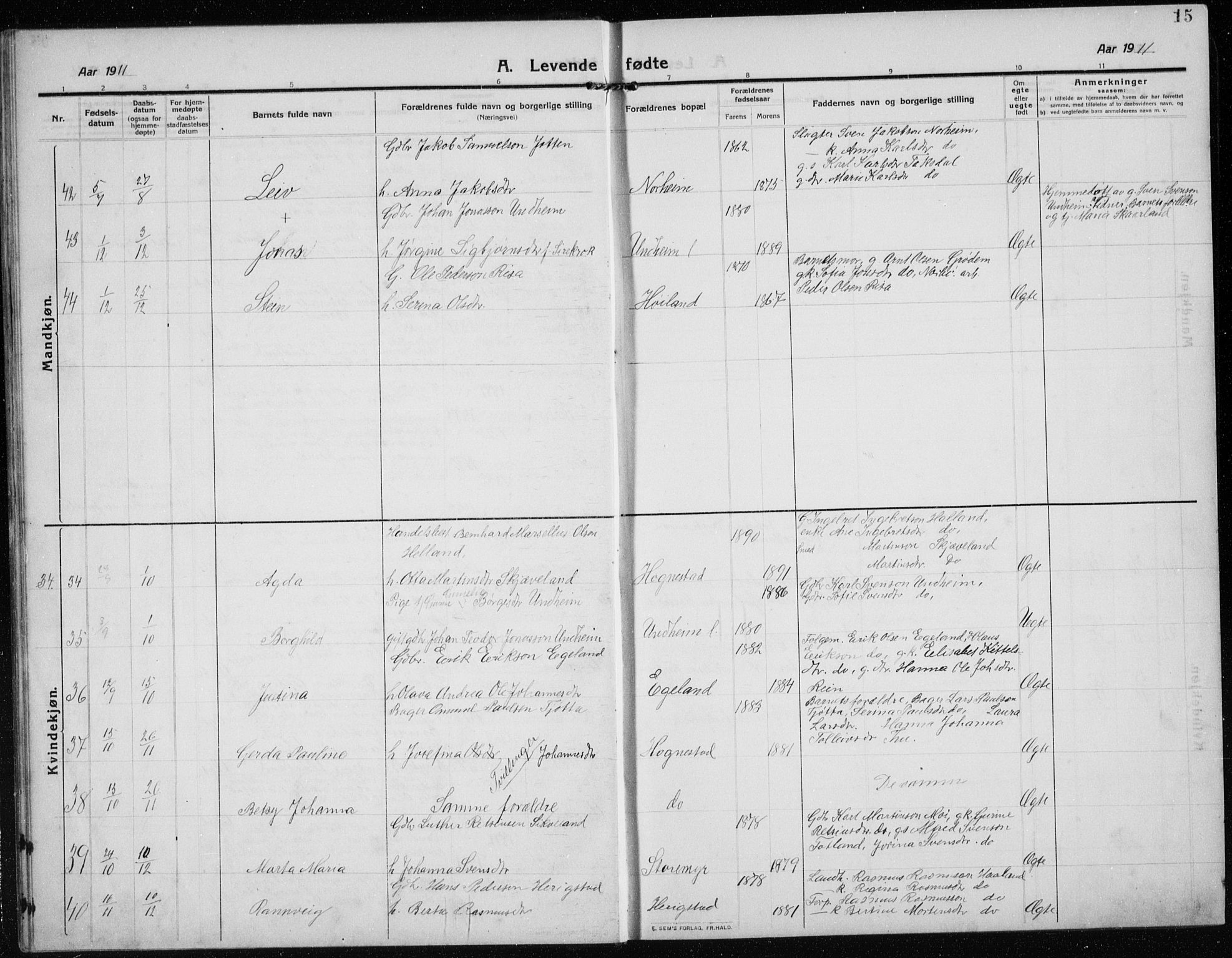 Time sokneprestkontor, AV/SAST-A-101795/001/30BB/L0001: Parish register (copy) no. B 1, 1910-1932, p. 15