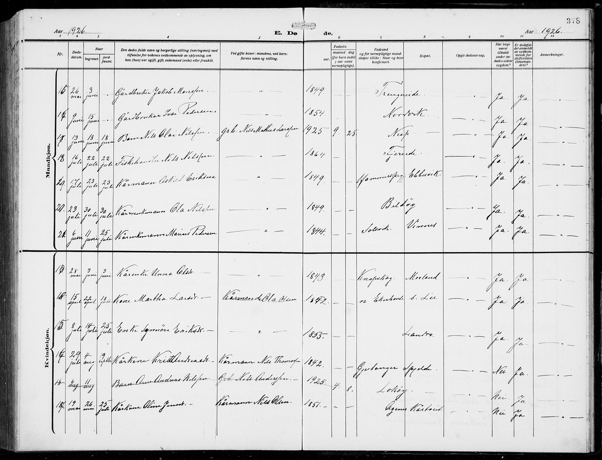 Fjell sokneprestembete, AV/SAB-A-75301/H/Hab: Parish register (copy) no. A  6, 1918-1936, p. 378