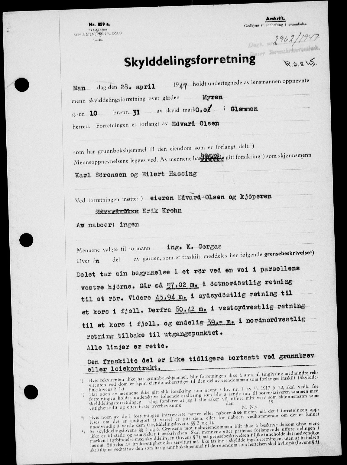 Onsøy sorenskriveri, SAO/A-10474/G/Ga/Gab/L0021: Mortgage book no. II A-21, 1947-1947, Diary no: : 2962/1947