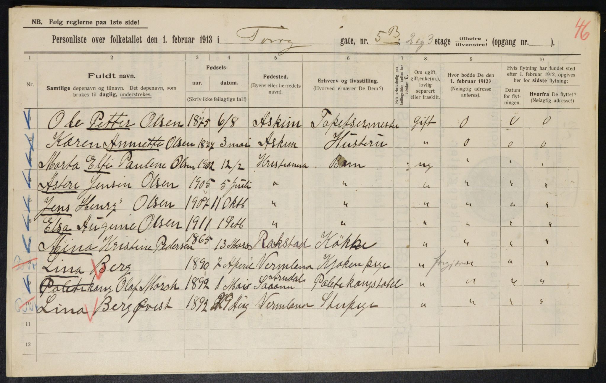 OBA, Municipal Census 1913 for Kristiania, 1913, p. 113913