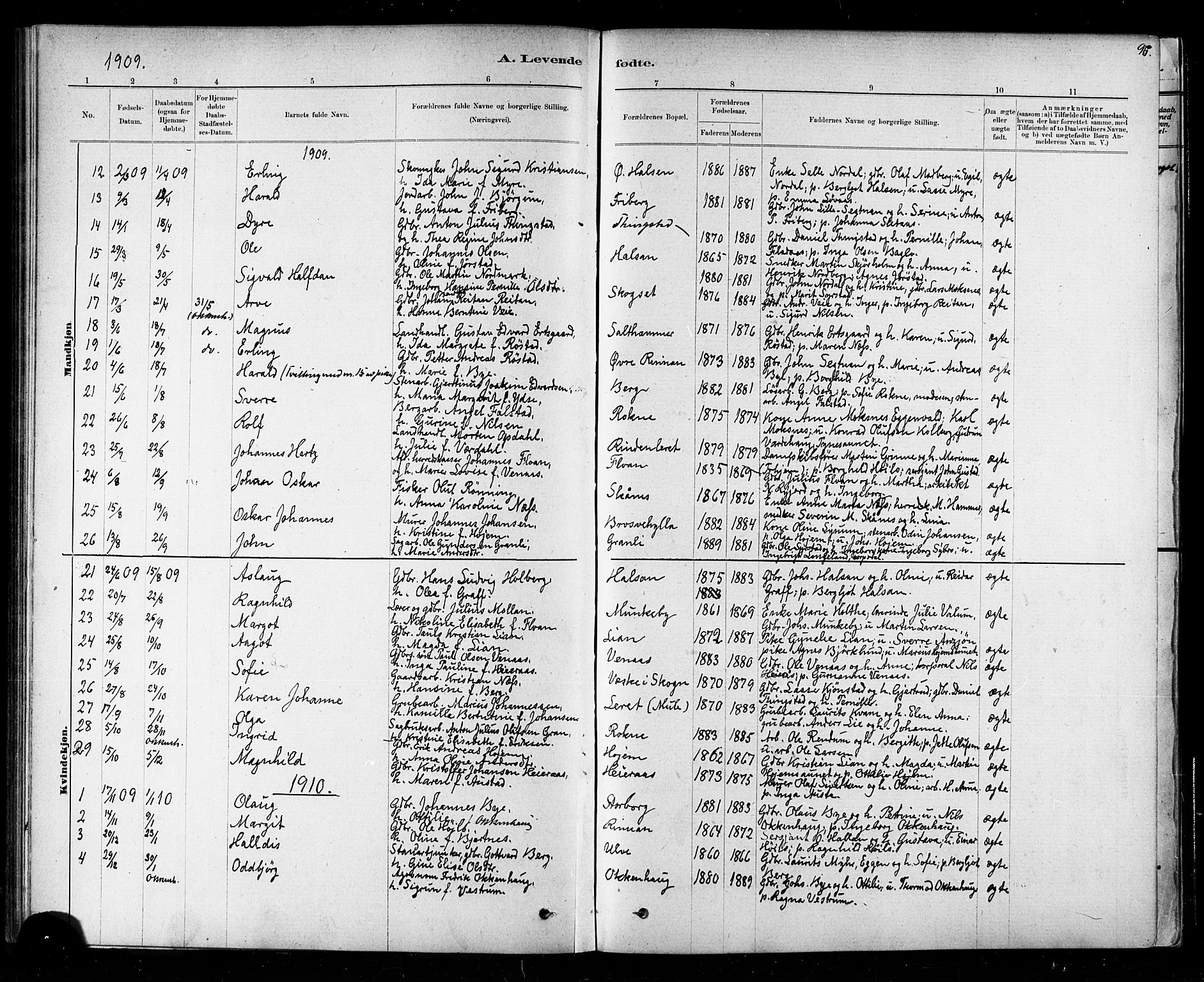 Ministerialprotokoller, klokkerbøker og fødselsregistre - Nord-Trøndelag, SAT/A-1458/721/L0208: Parish register (copy) no. 721C01, 1880-1917, p. 95
