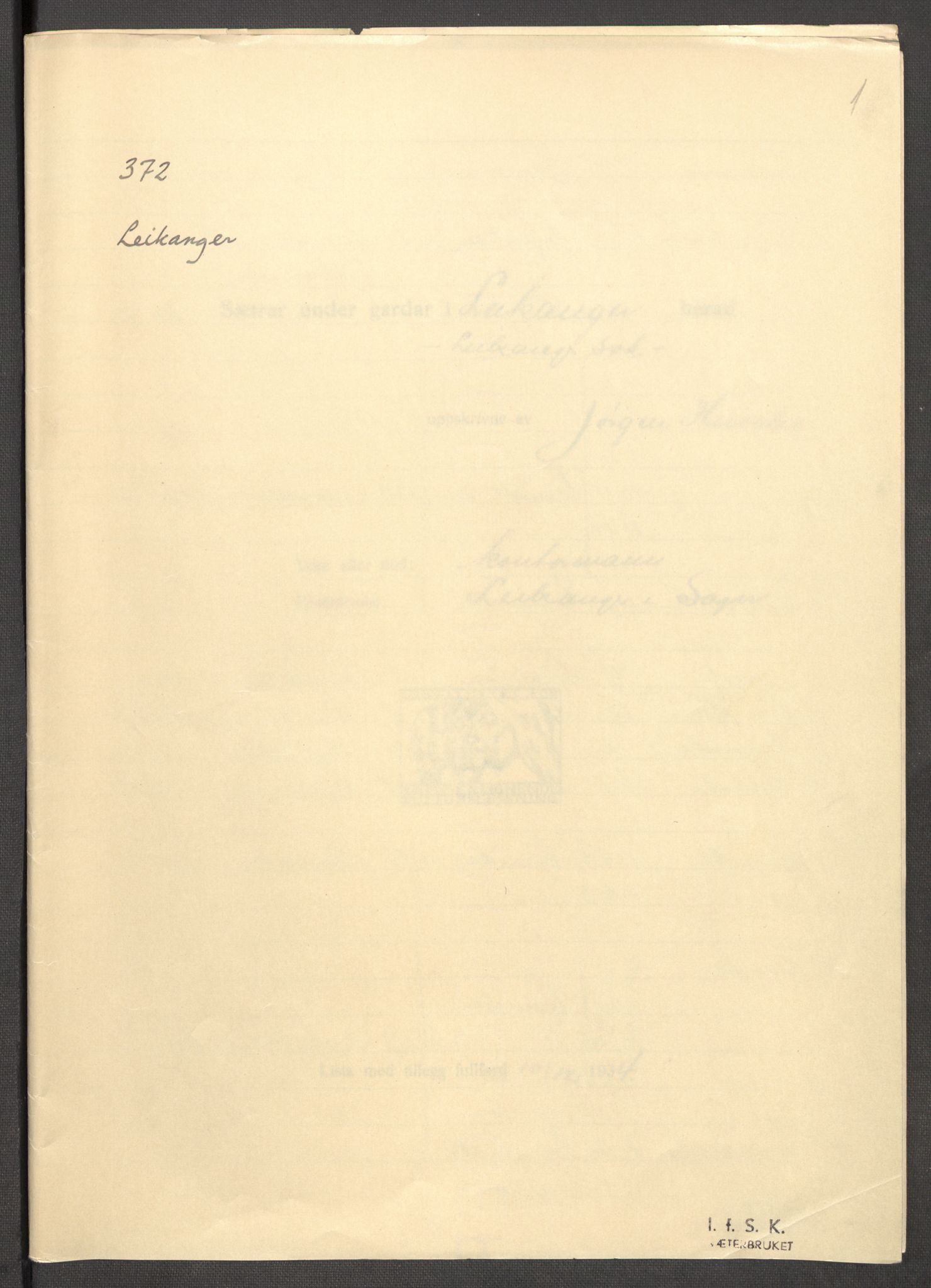 Instituttet for sammenlignende kulturforskning, RA/PA-0424/F/Fc/L0011/0002: Eske B11: / Sogn og Fjordane (perm XXIX), 1934-1937, p. 1