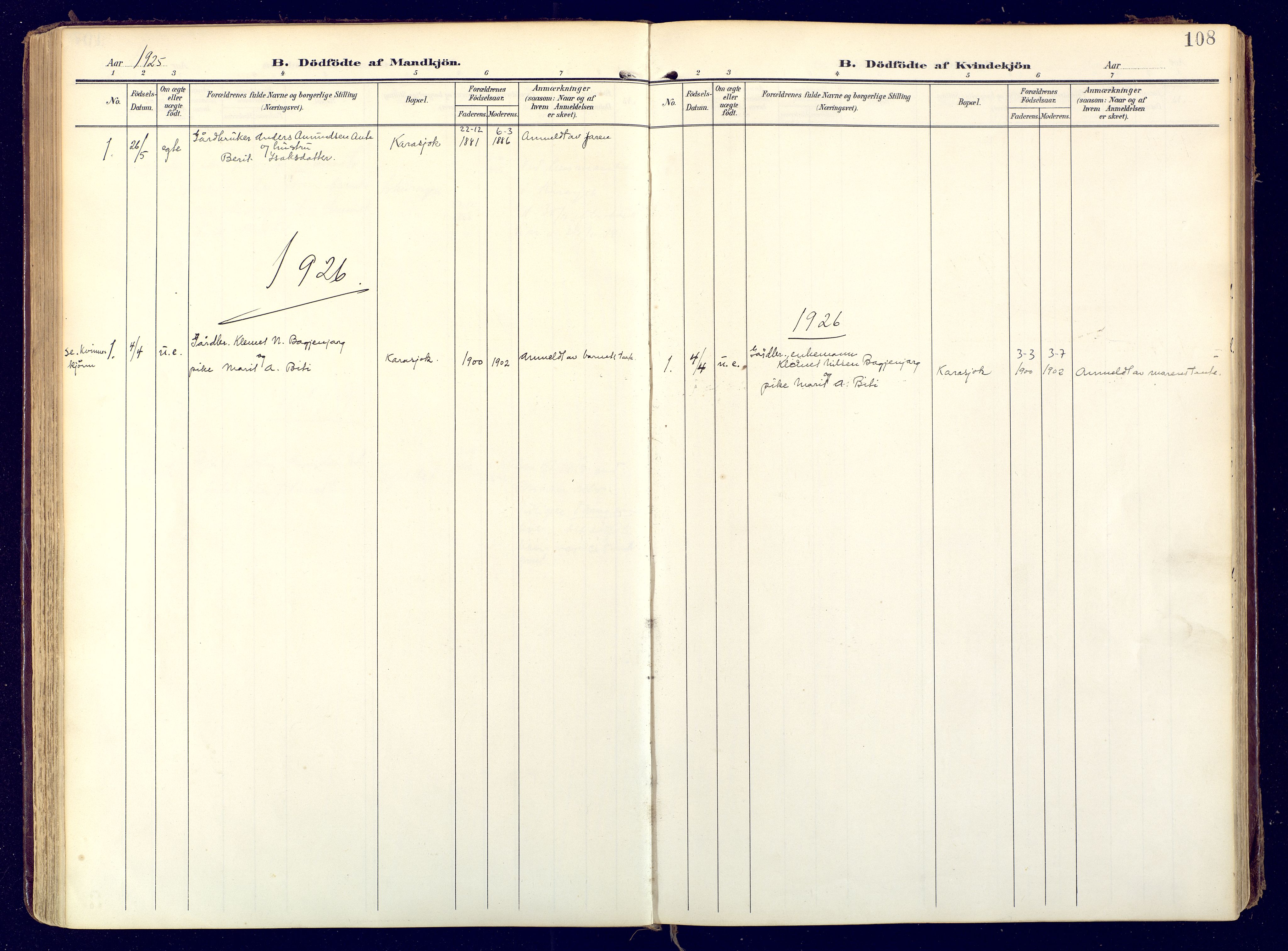 Karasjok sokneprestkontor, SATØ/S-1352/H/Ha: Parish register (official) no. 3, 1907-1926, p. 108