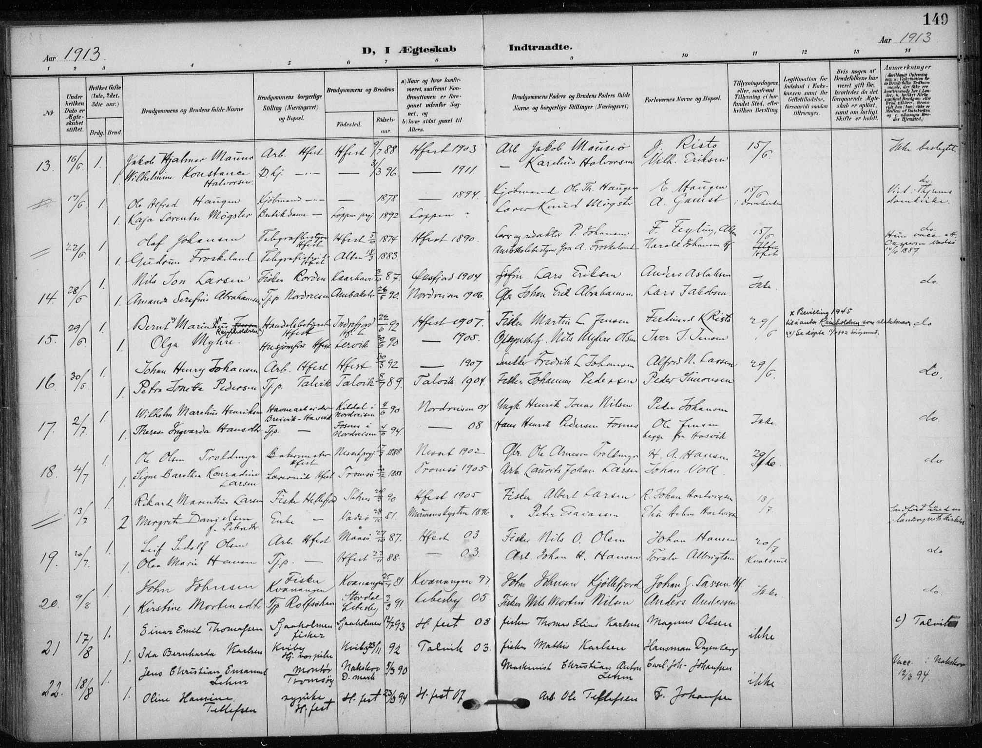 Hammerfest sokneprestkontor, SATØ/S-1347/H/Ha/L0014.kirke: Parish register (official) no. 14, 1906-1916, p. 149