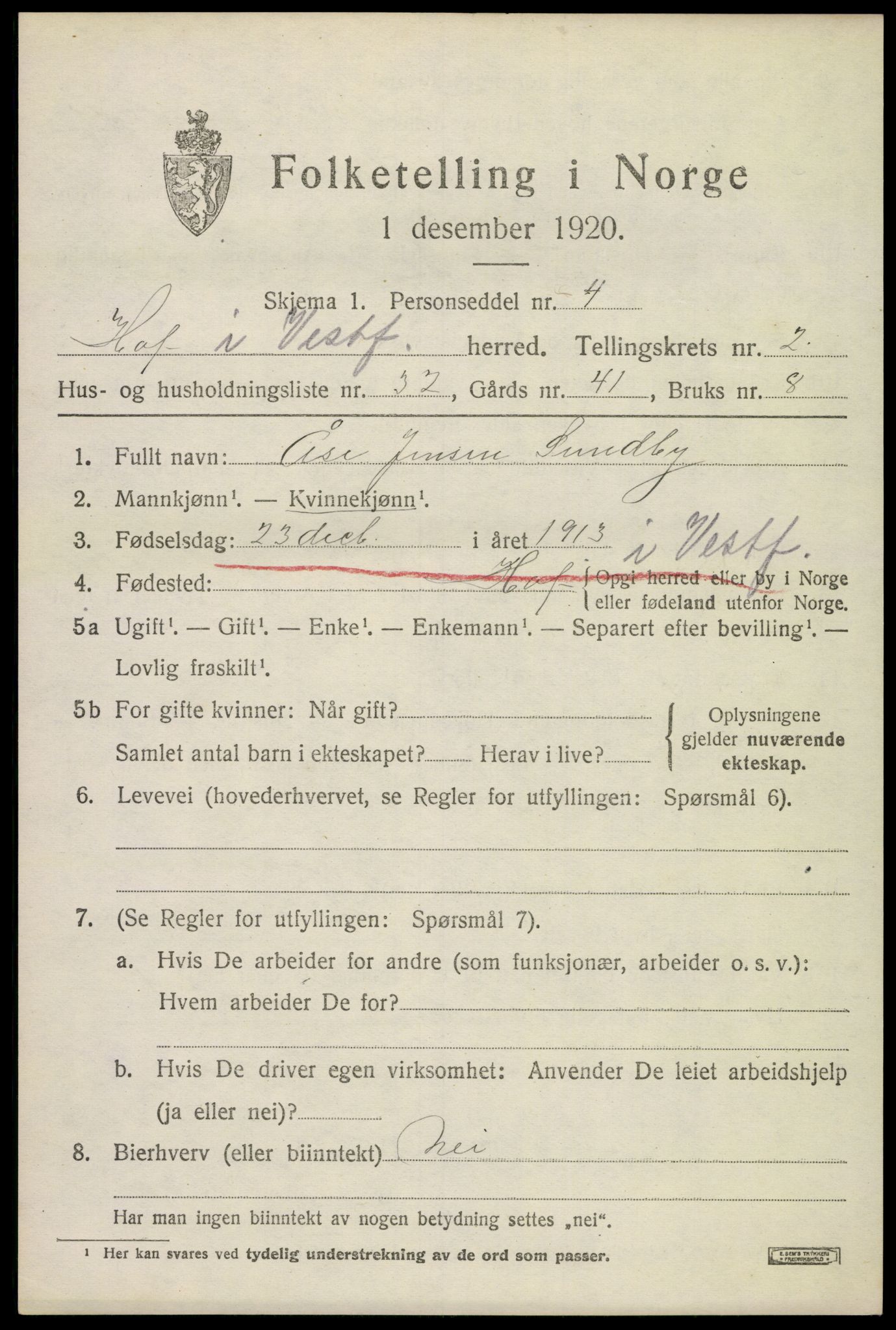 SAKO, 1920 census for Hof, 1920, p. 2721