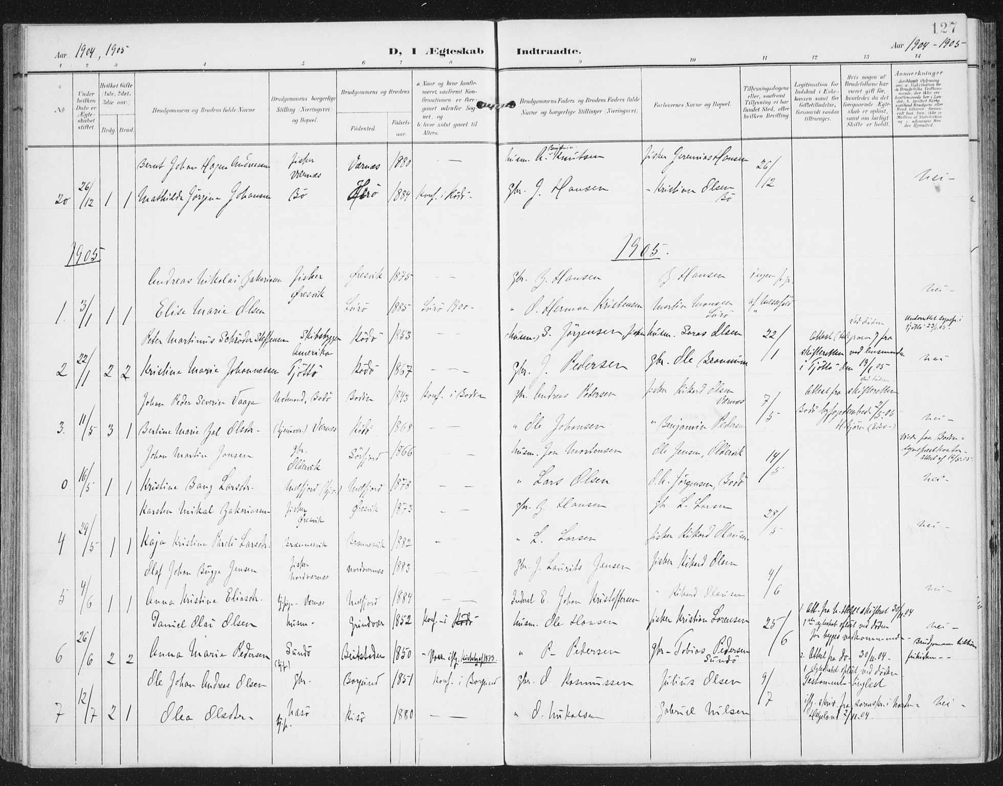 Ministerialprotokoller, klokkerbøker og fødselsregistre - Nordland, AV/SAT-A-1459/841/L0612: Parish register (official) no. 841A15, 1902-1910, p. 127