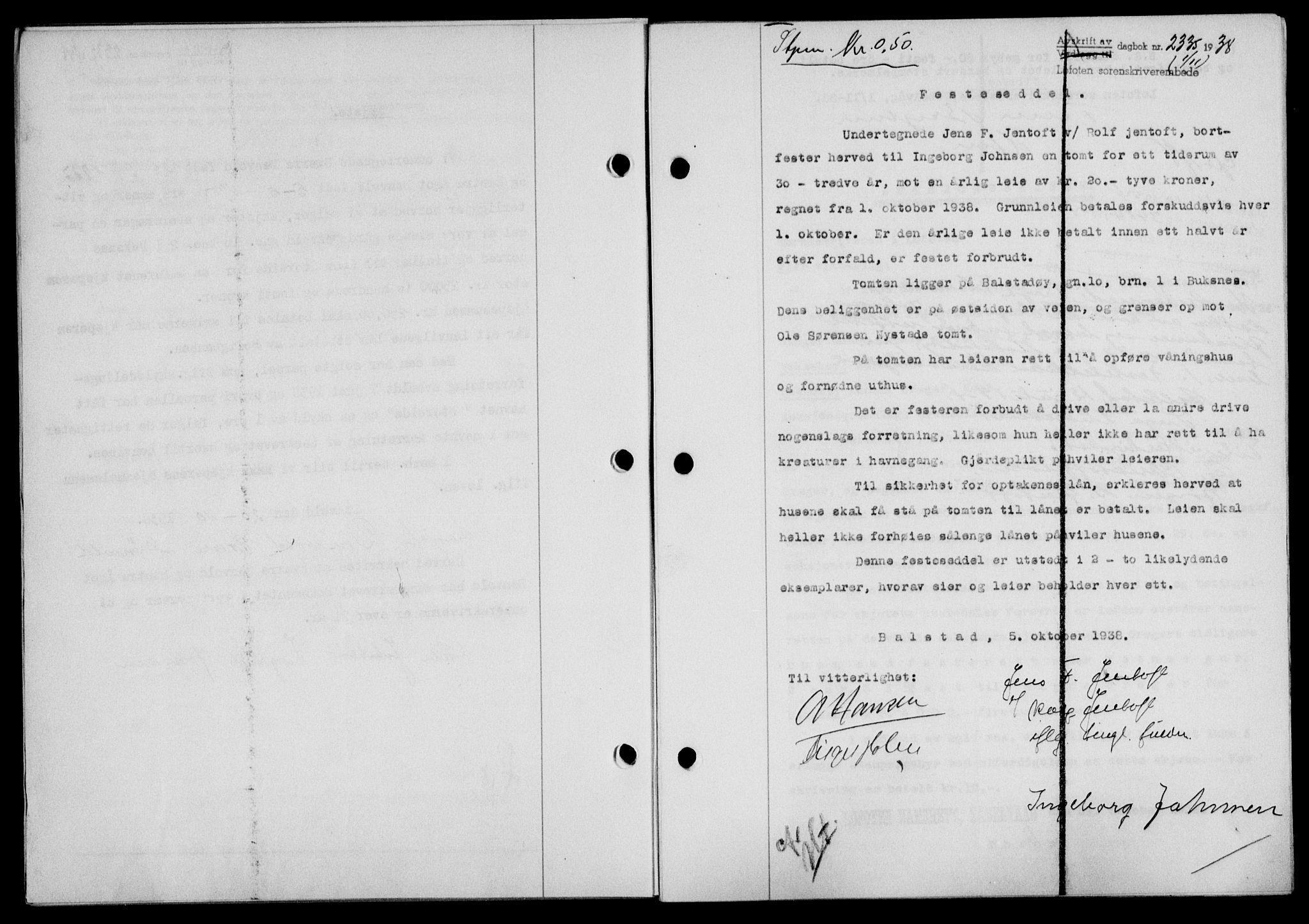 Lofoten sorenskriveri, SAT/A-0017/1/2/2C/L0004a: Mortgage book no. 4a, 1938-1938, Diary no: : 2335/1938
