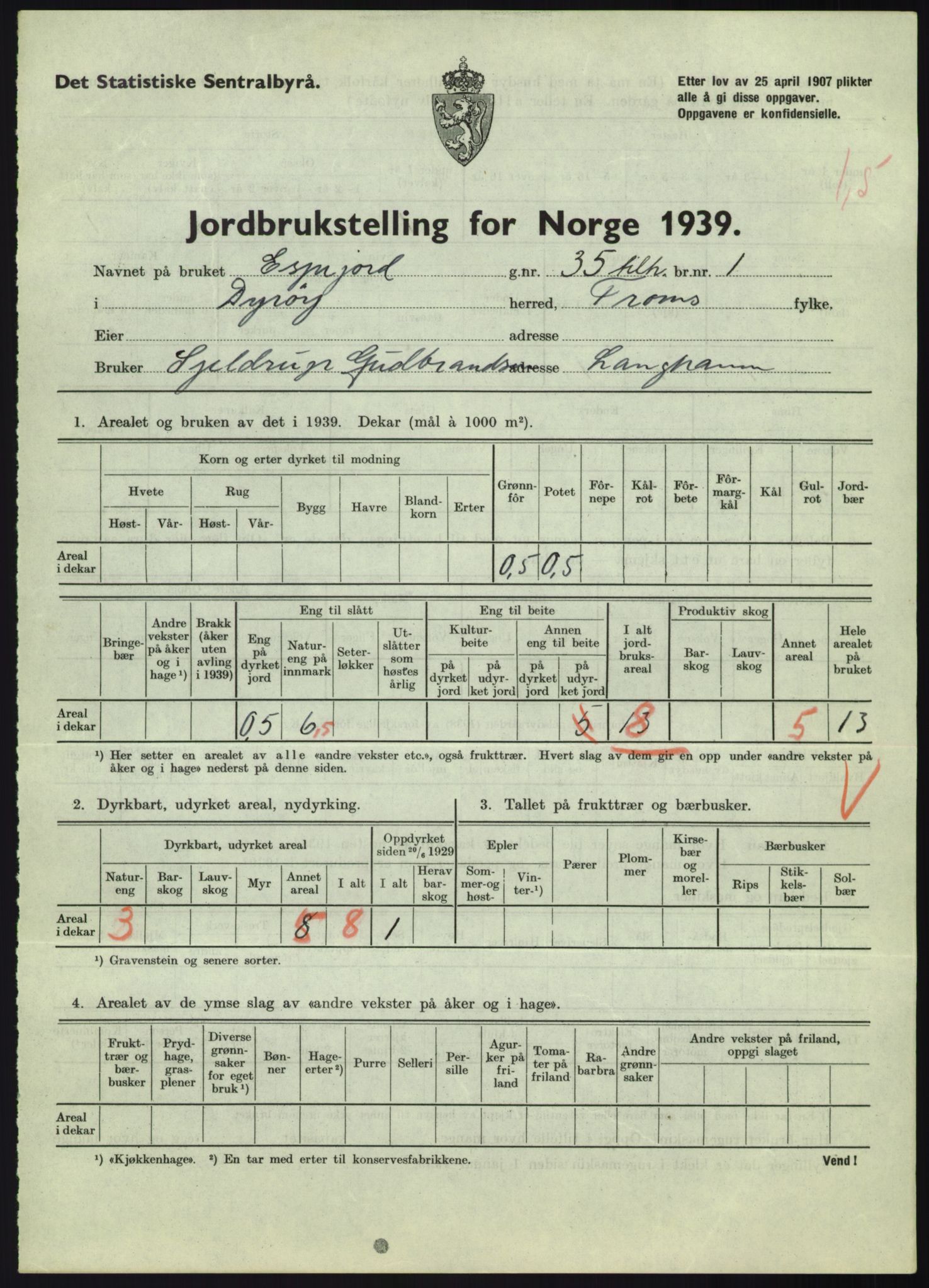 Statistisk sentralbyrå, Næringsøkonomiske emner, Jordbruk, skogbruk, jakt, fiske og fangst, AV/RA-S-2234/G/Gb/L0340: Troms: Salangen og Dyrøy, 1939, p. 910