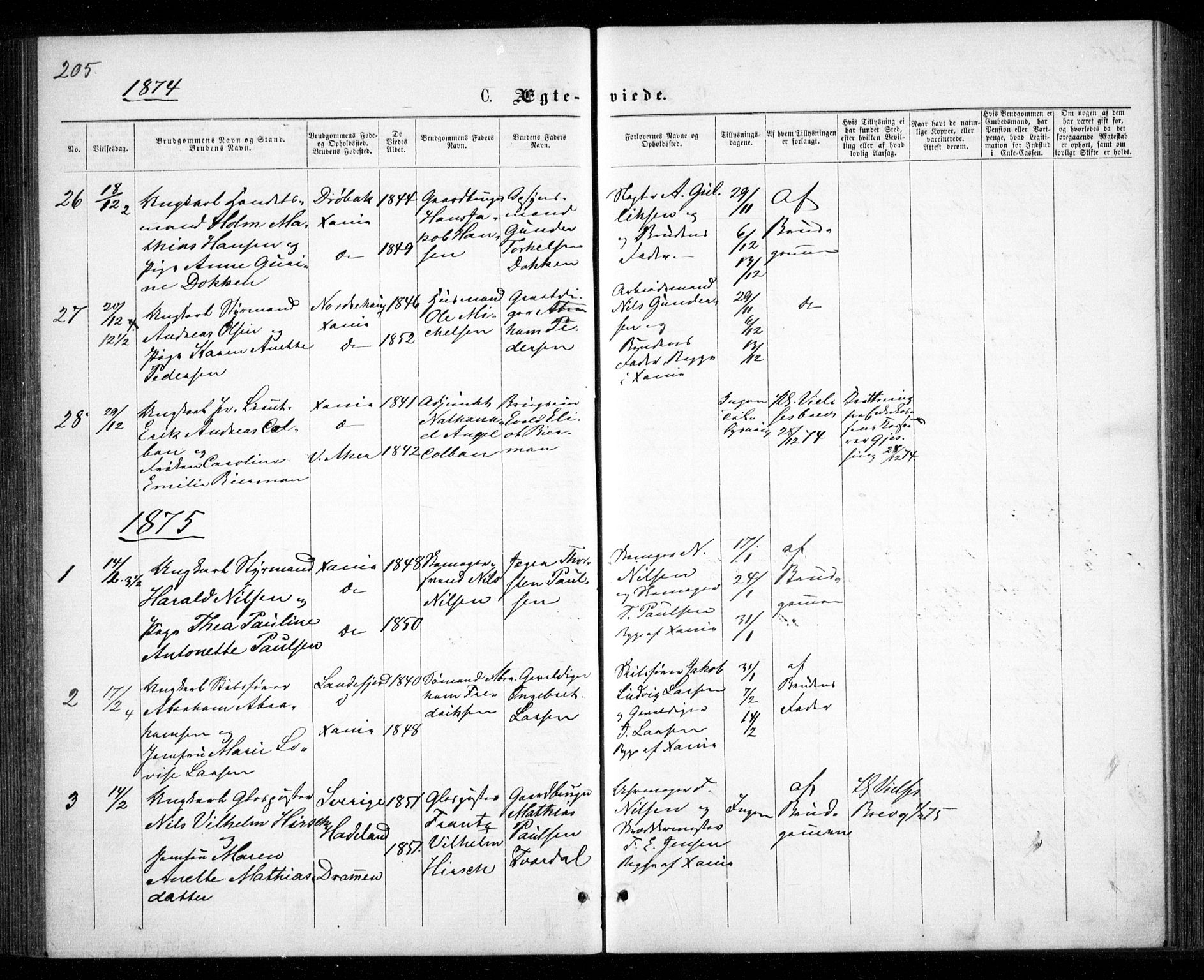 Garnisonsmenigheten Kirkebøker, SAO/A-10846/G/Ga/L0006: Parish register (copy) no. 6, 1860-1880, p. 205