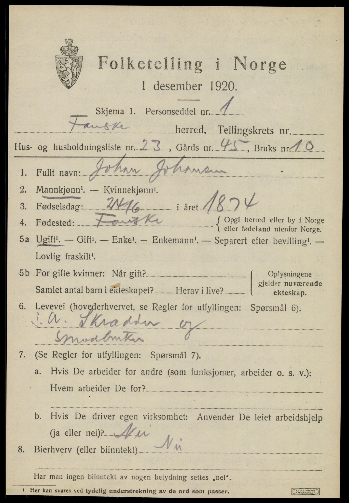 SAT, 1920 census for Fauske, 1920, p. 14558