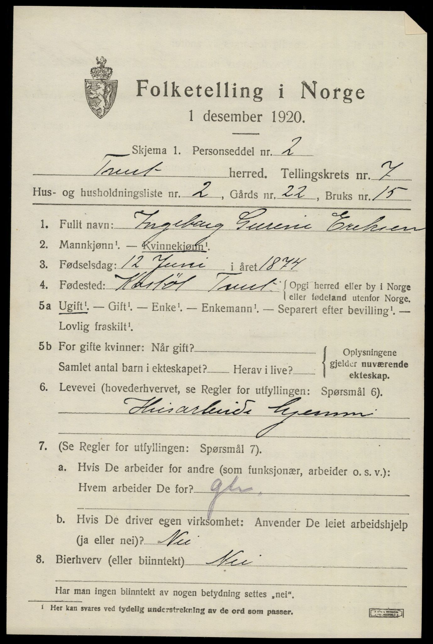 SAK, 1920 census for Tveit, 1920, p. 3208