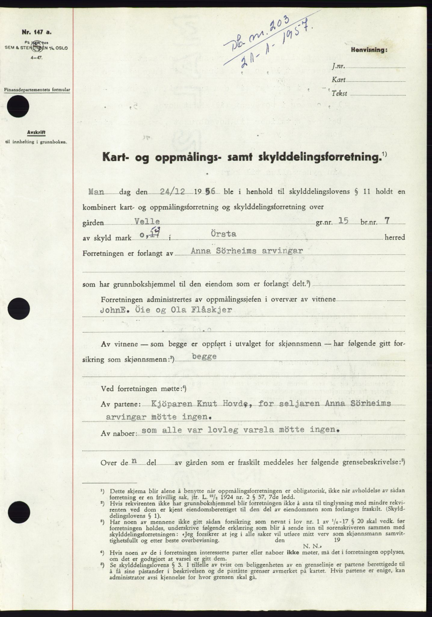 Søre Sunnmøre sorenskriveri, AV/SAT-A-4122/1/2/2C/L0105: Mortgage book no. 31A, 1956-1957, Diary no: : 203/1957