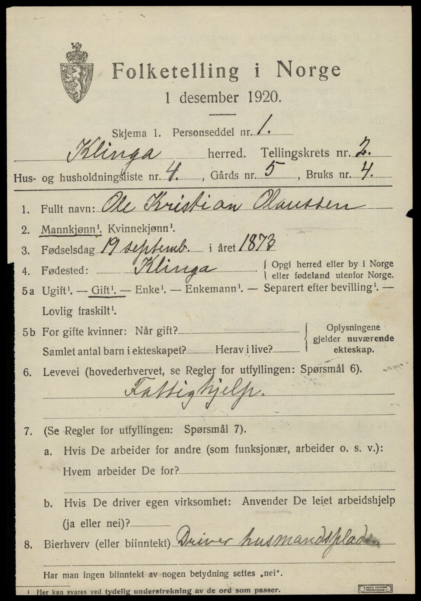 SAT, 1920 census for Klinga, 1920, p. 1419