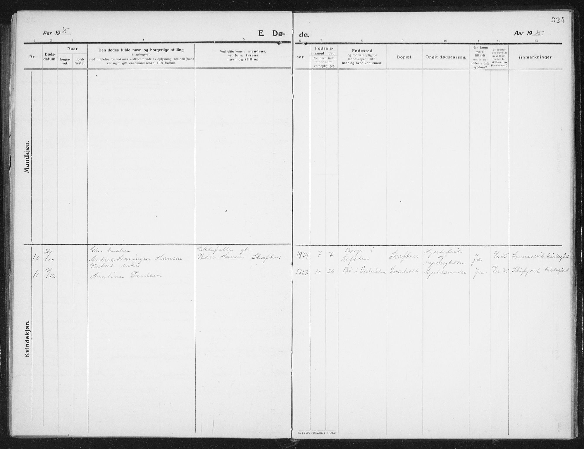 Ministerialprotokoller, klokkerbøker og fødselsregistre - Nordland, SAT/A-1459/882/L1183: Parish register (copy) no. 882C01, 1911-1938, p. 324