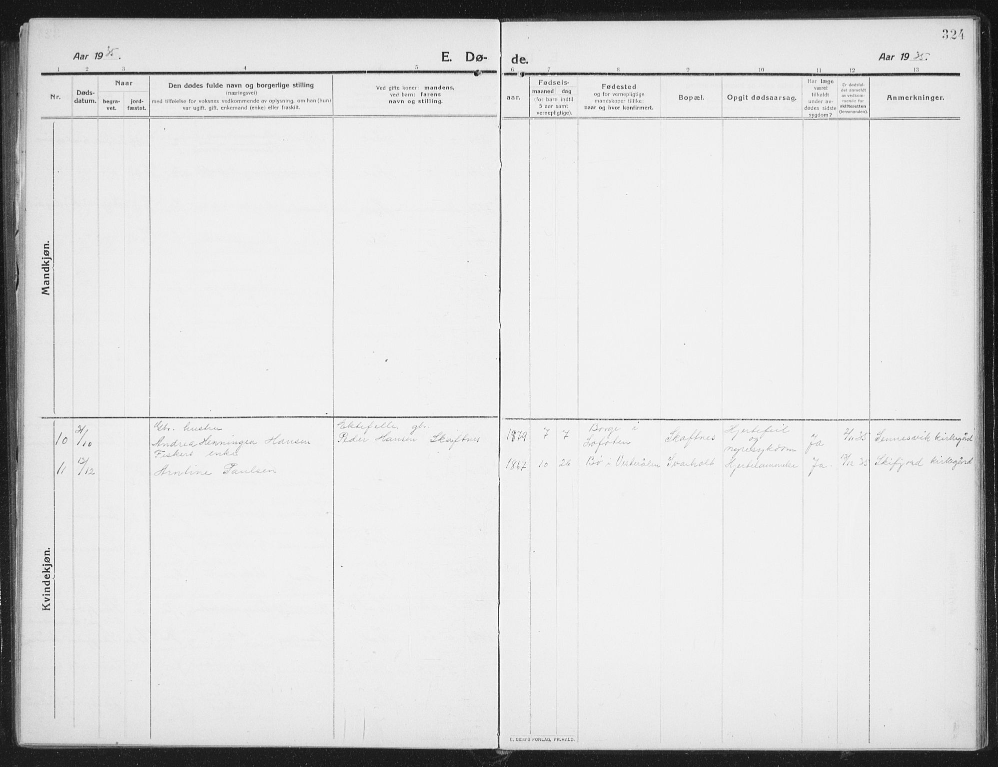 Ministerialprotokoller, klokkerbøker og fødselsregistre - Nordland, AV/SAT-A-1459/882/L1183: Parish register (copy) no. 882C01, 1911-1938, p. 324