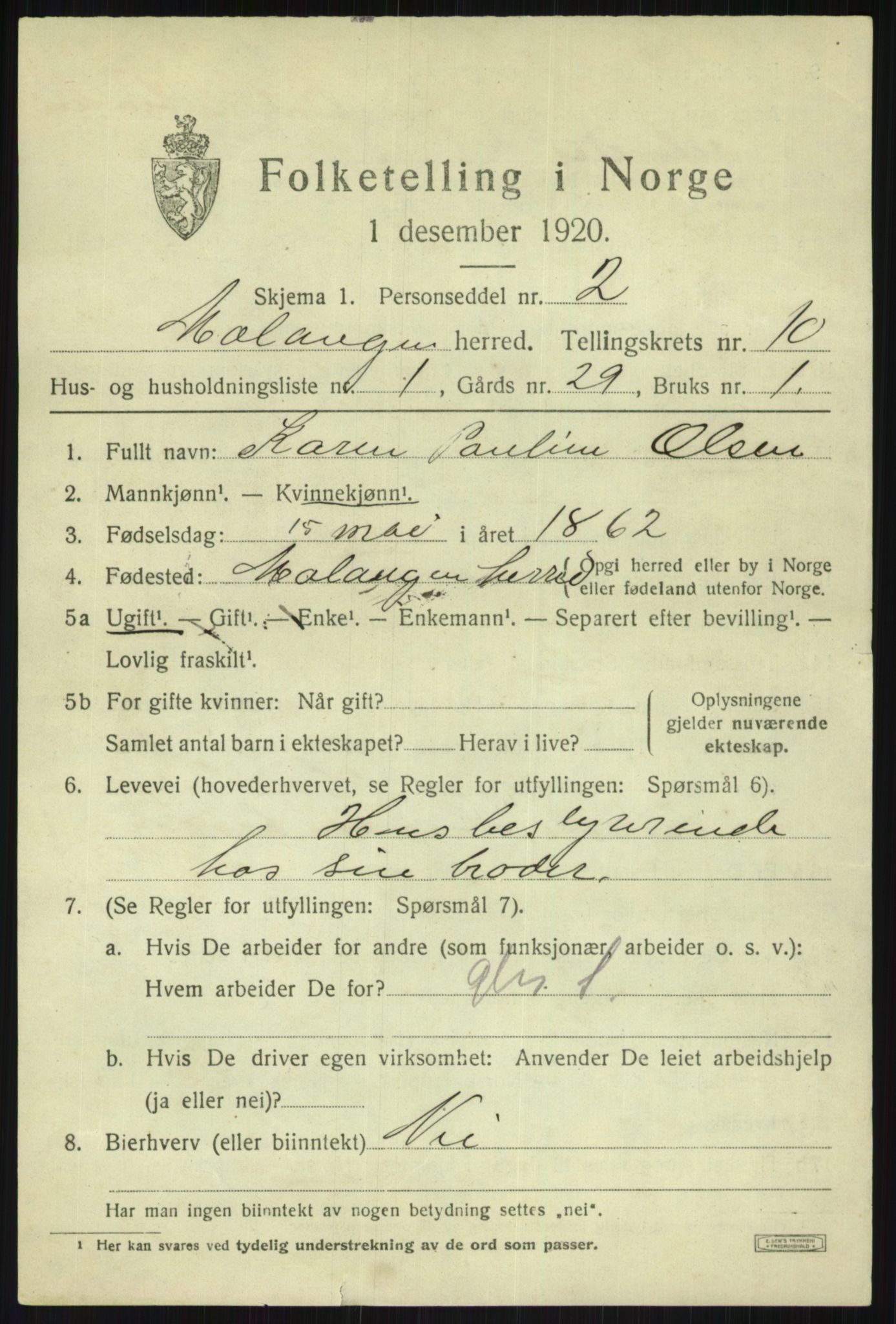 SATØ, 1920 census for Malangen, 1920, p. 3861