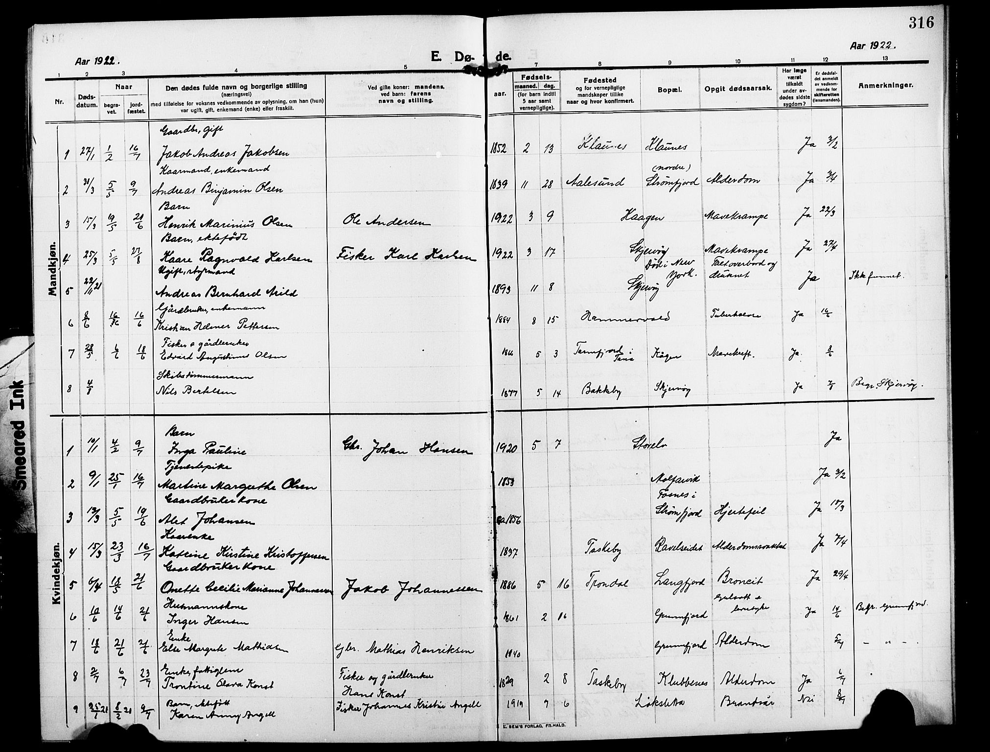 Skjervøy sokneprestkontor, SATØ/S-1300/H/Ha/Hab/L0009klokker: Parish register (copy) no. 9, 1911-1926, p. 316