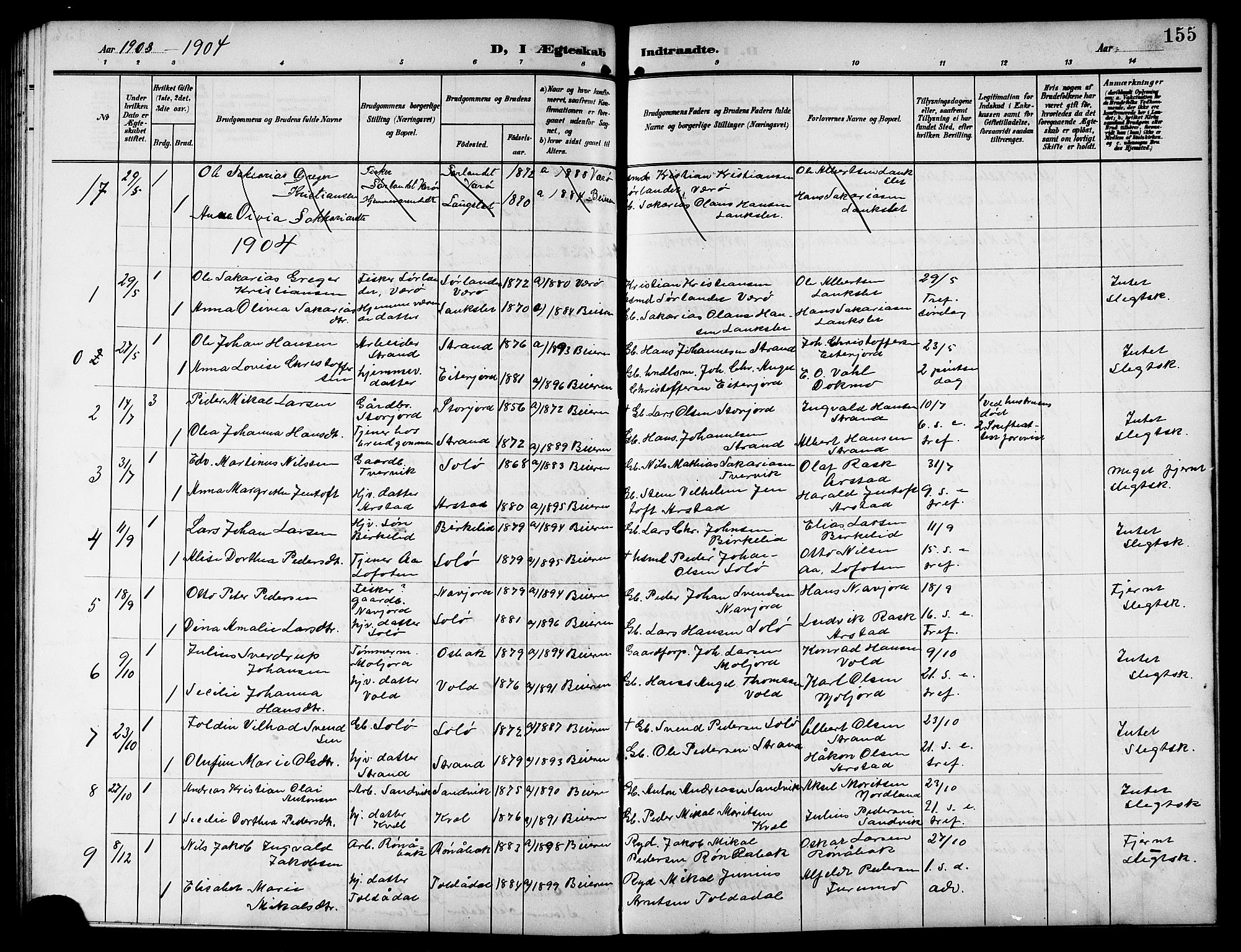 Ministerialprotokoller, klokkerbøker og fødselsregistre - Nordland, SAT/A-1459/846/L0655: Parish register (copy) no. 846C05, 1902-1916, p. 155