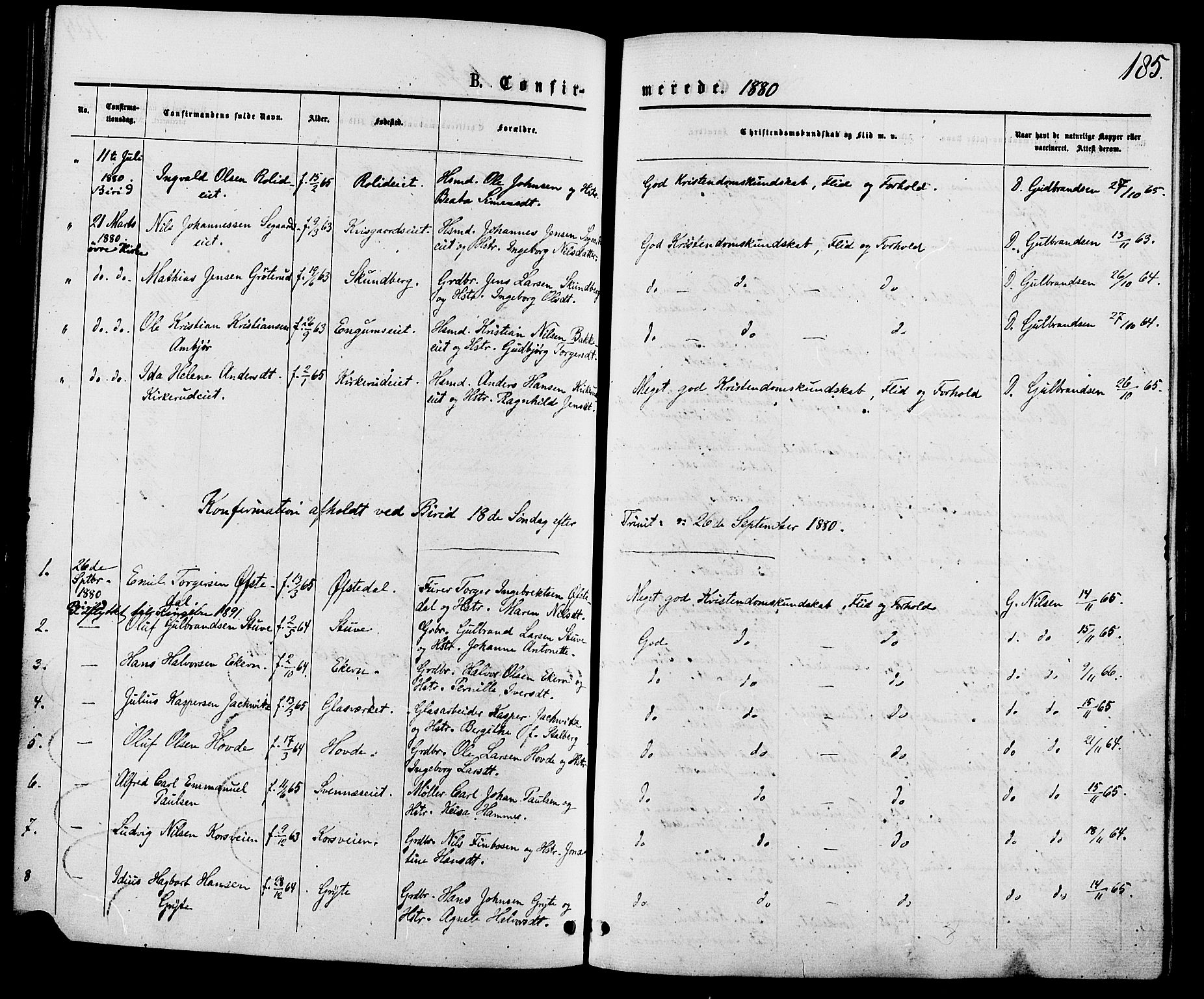 Biri prestekontor, SAH/PREST-096/H/Ha/Haa/L0006: Parish register (official) no. 6, 1877-1886, p. 185