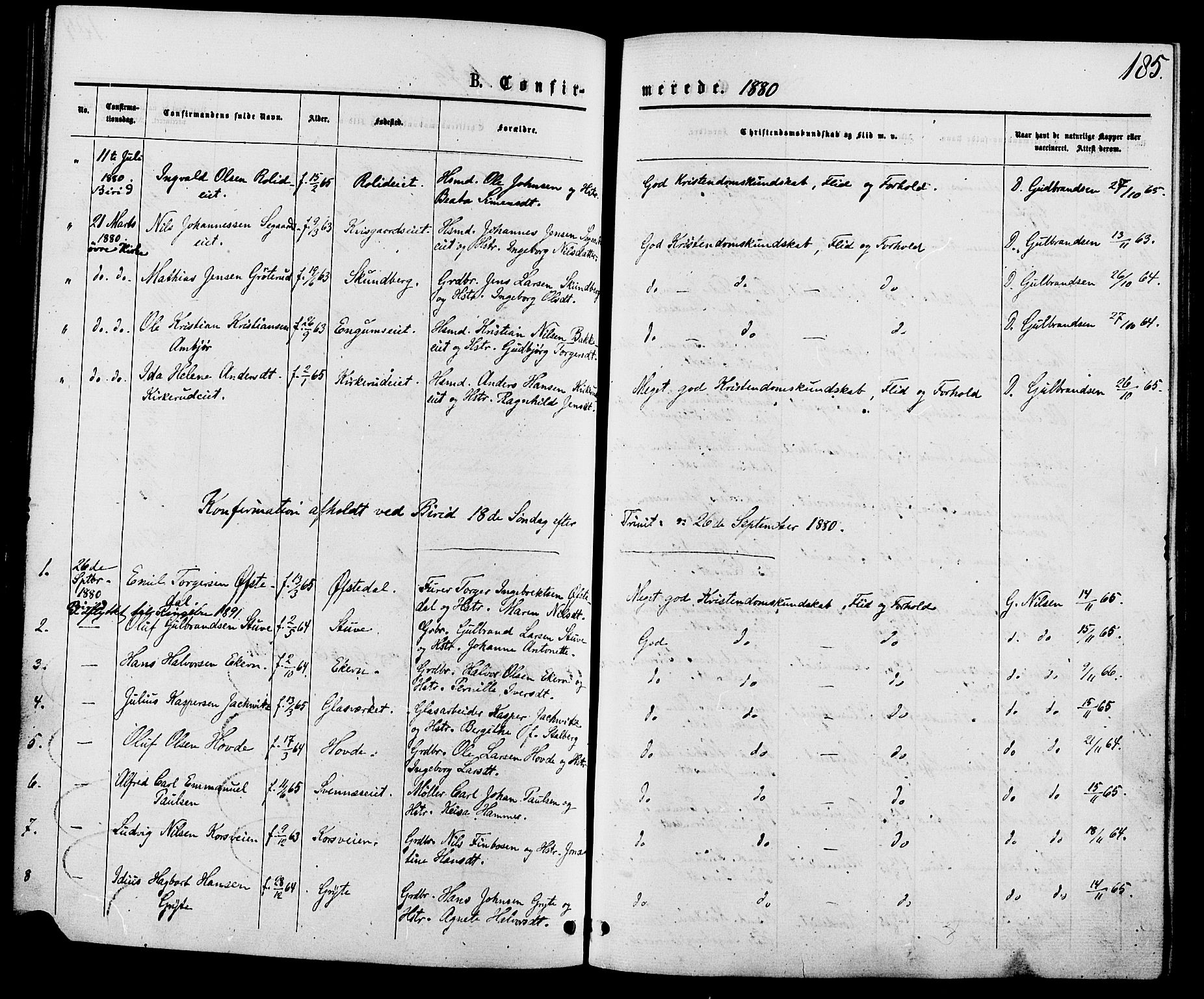 Biri prestekontor, AV/SAH-PREST-096/H/Ha/Haa/L0006: Parish register (official) no. 6, 1877-1886, p. 185