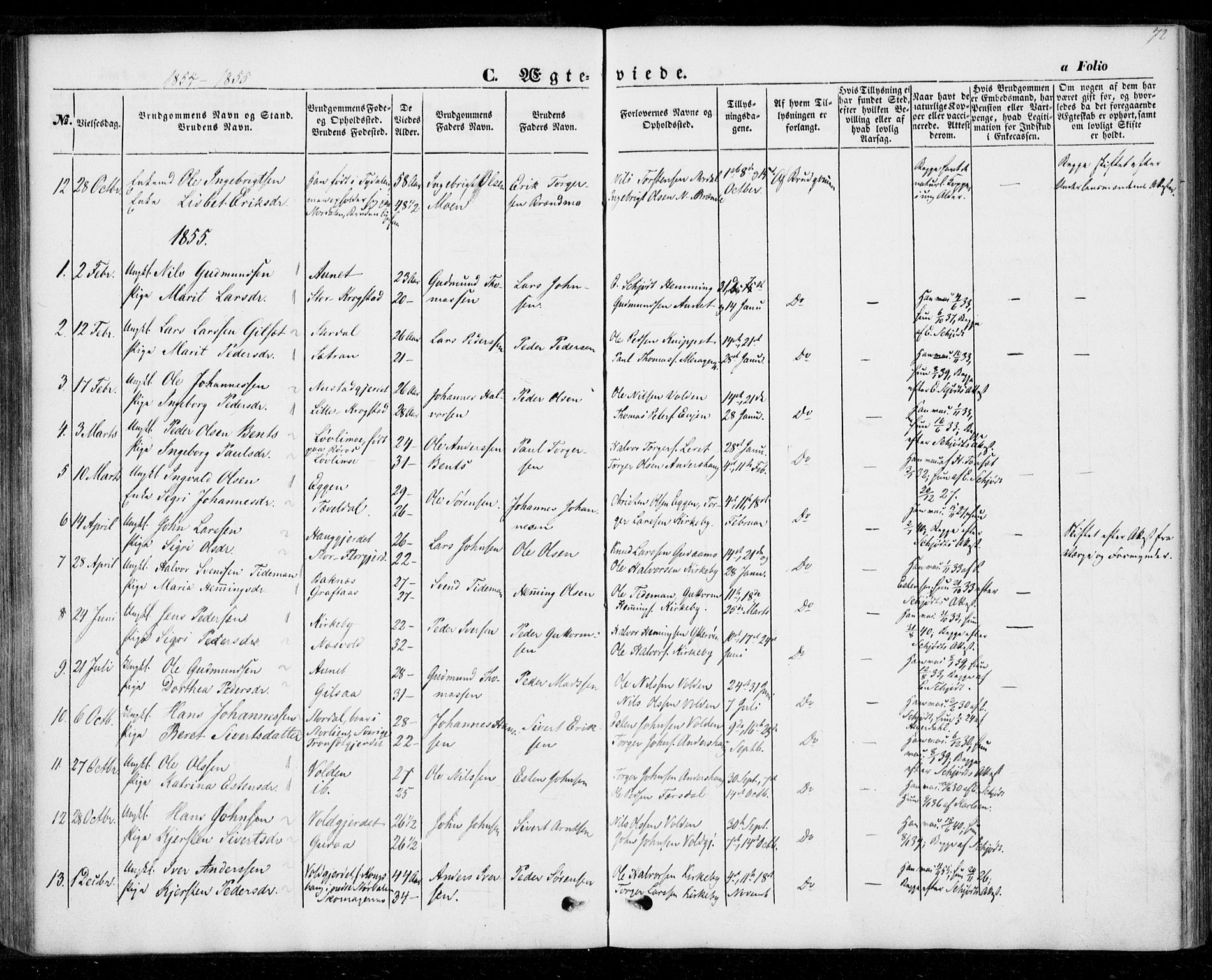 Ministerialprotokoller, klokkerbøker og fødselsregistre - Nord-Trøndelag, AV/SAT-A-1458/706/L0040: Parish register (official) no. 706A01, 1850-1861, p. 72