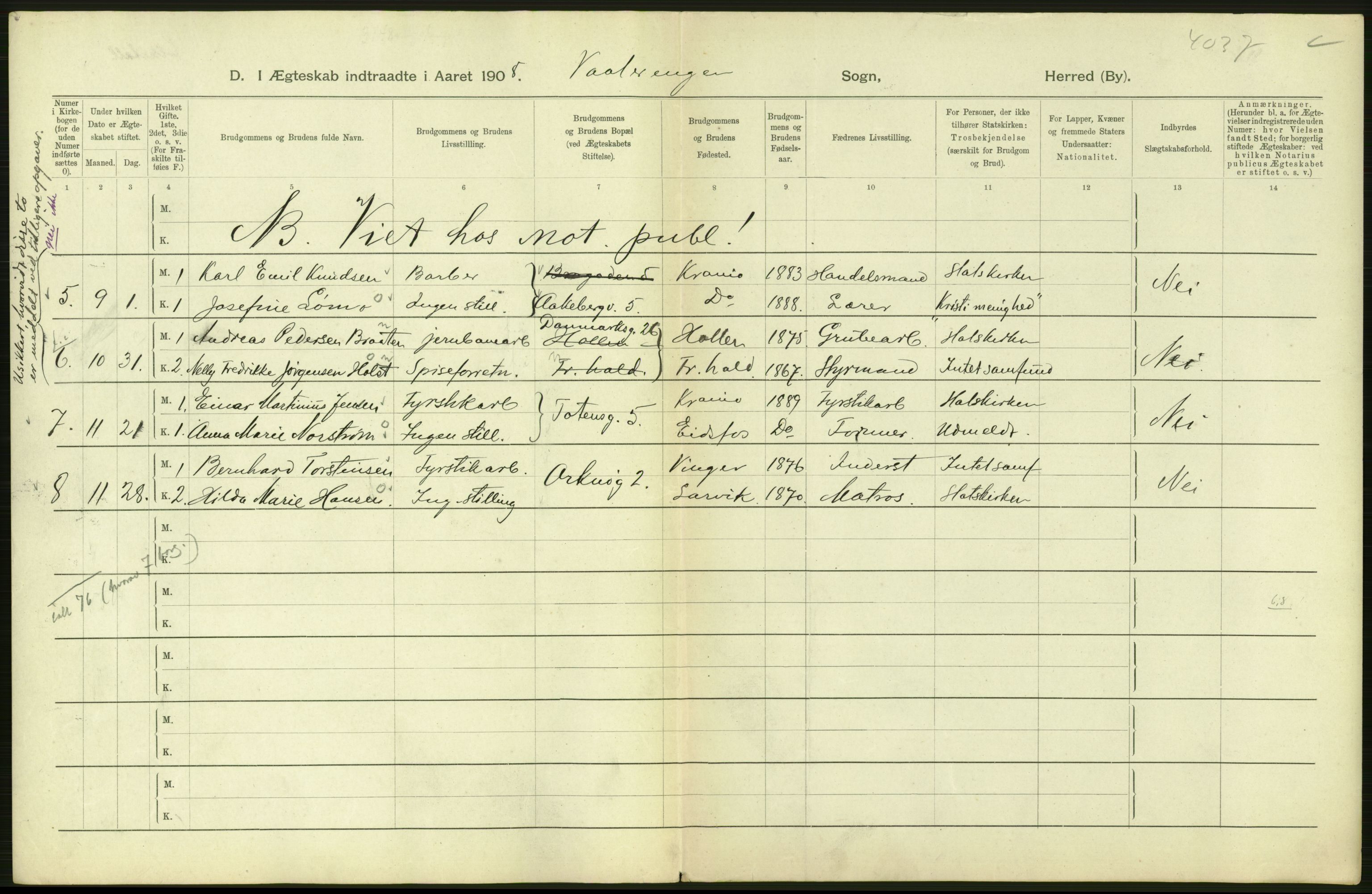 Statistisk sentralbyrå, Sosiodemografiske emner, Befolkning, AV/RA-S-2228/D/Df/Dfa/Dfaf/L0007: Kristiania: Gifte, 1908, p. 574