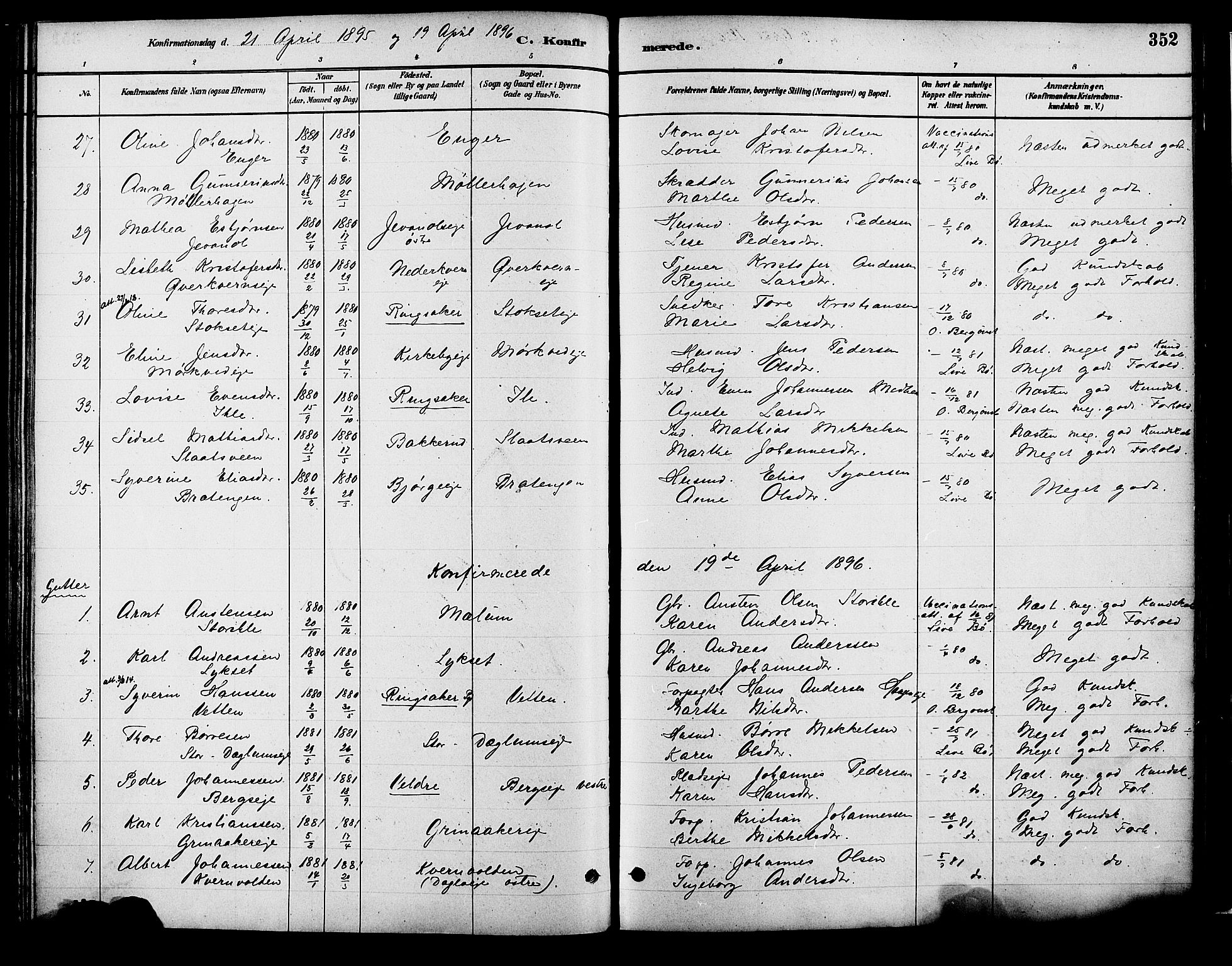 Vang prestekontor, Hedmark, SAH/PREST-008/H/Ha/Haa/L0018B: Parish register (official) no. 18B, 1880-1906, p. 352
