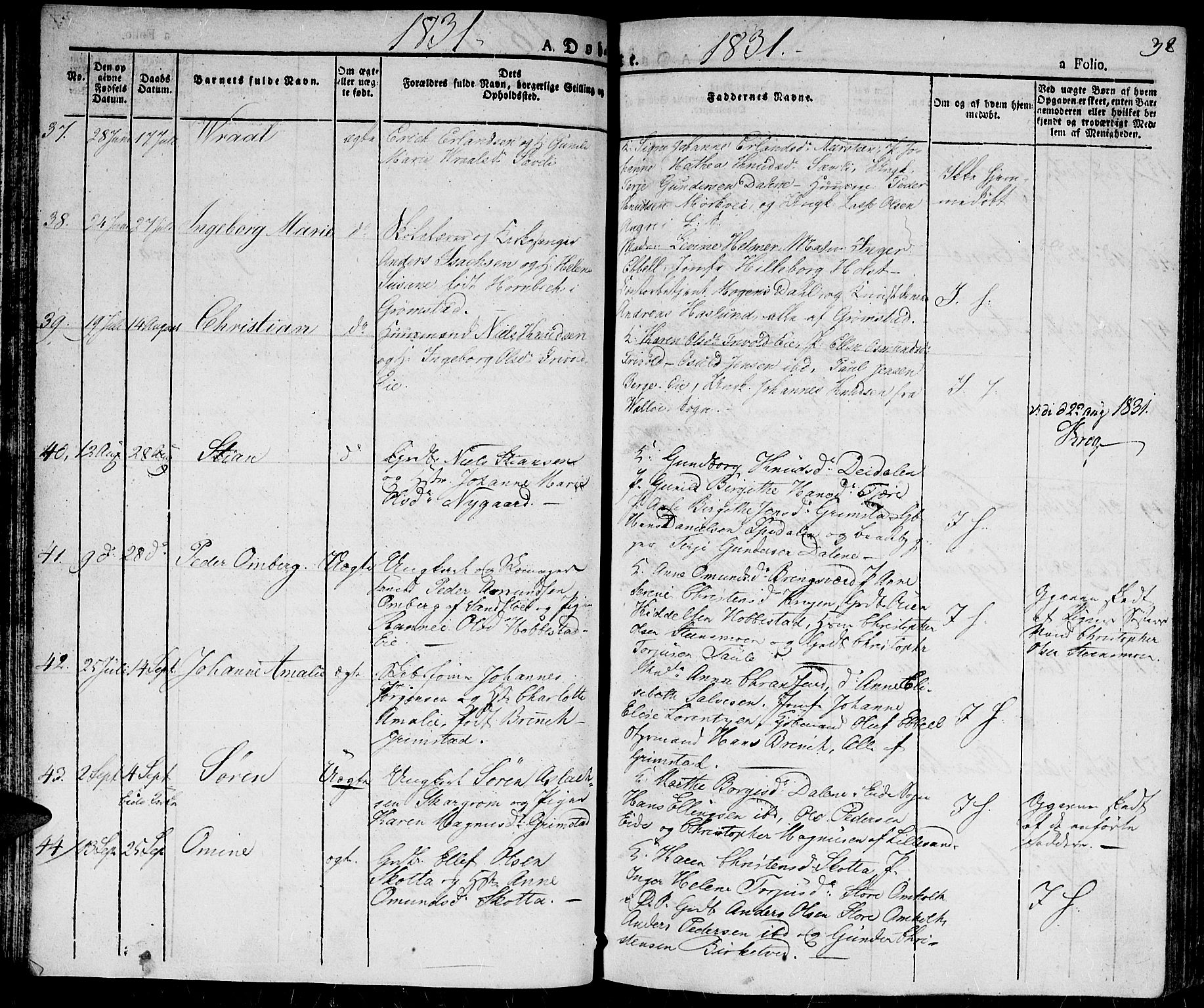 Fjære sokneprestkontor, AV/SAK-1111-0011/F/Fa/L0002: Parish register (official) no. A 2, 1827-1839, p. 38