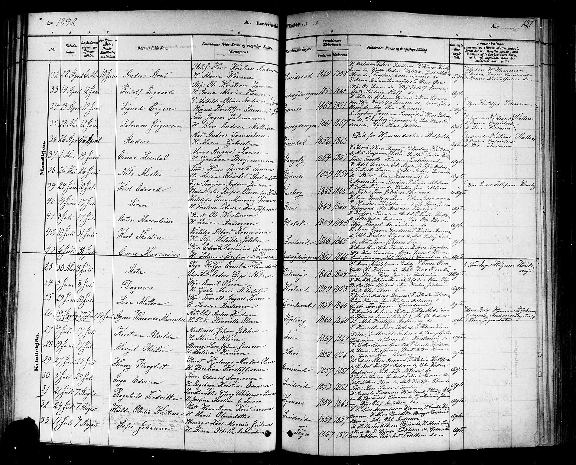 Nøtterøy kirkebøker, SAKO/A-354/F/Fa/L0008: Parish register (official) no. I 8, 1878-1893, p. 137